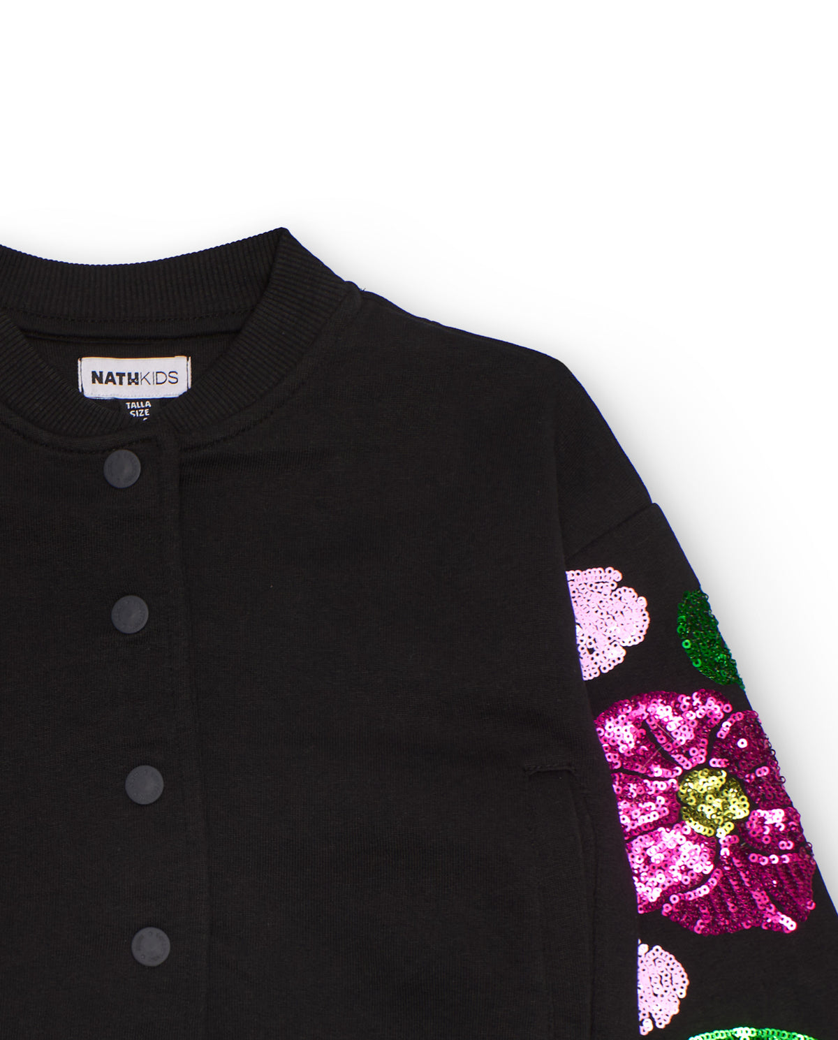 Chaqueta negra para niña con flores de lentejuelas en las mangas