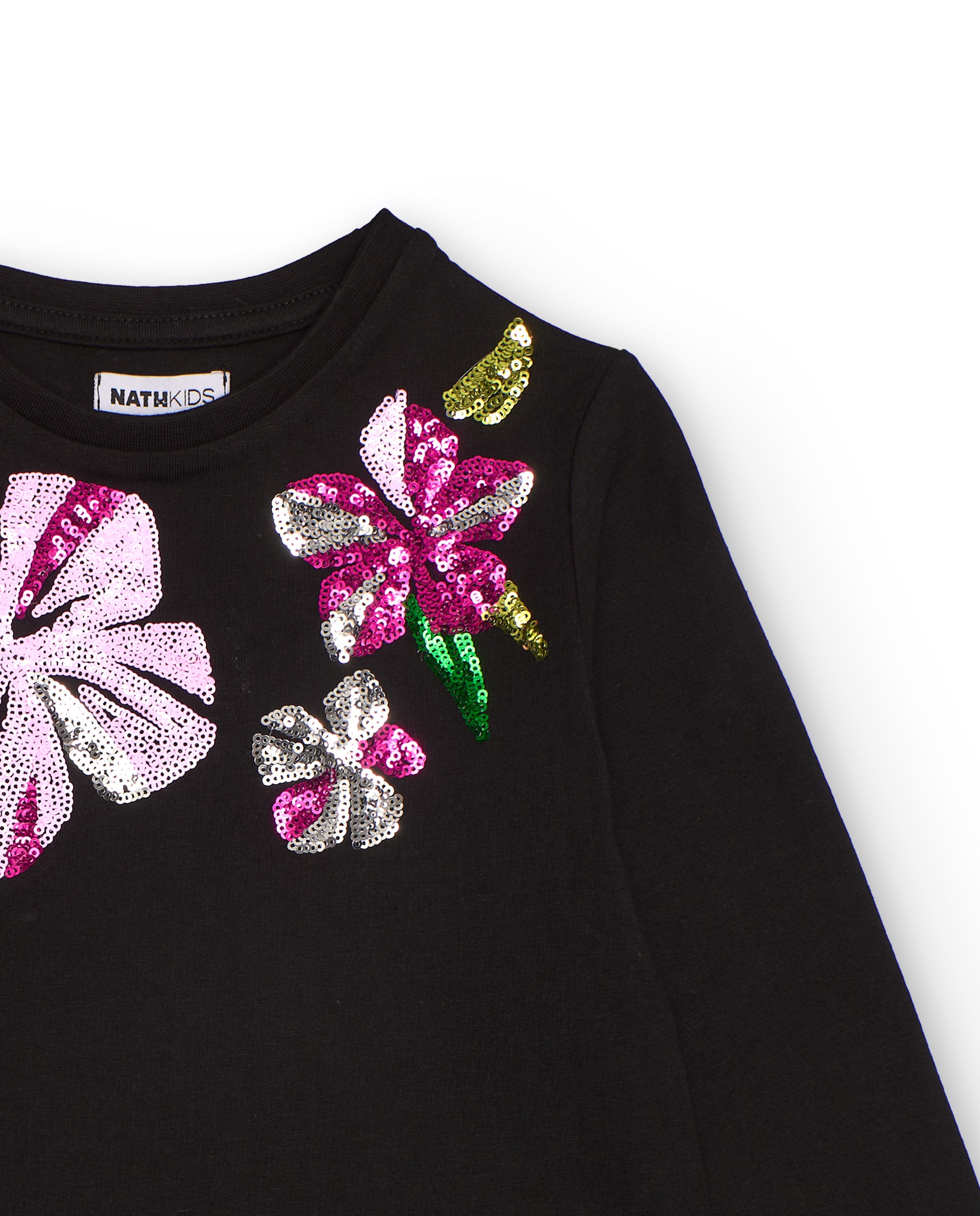 Camiseta negra de manga larga con flores de lentejuelas para