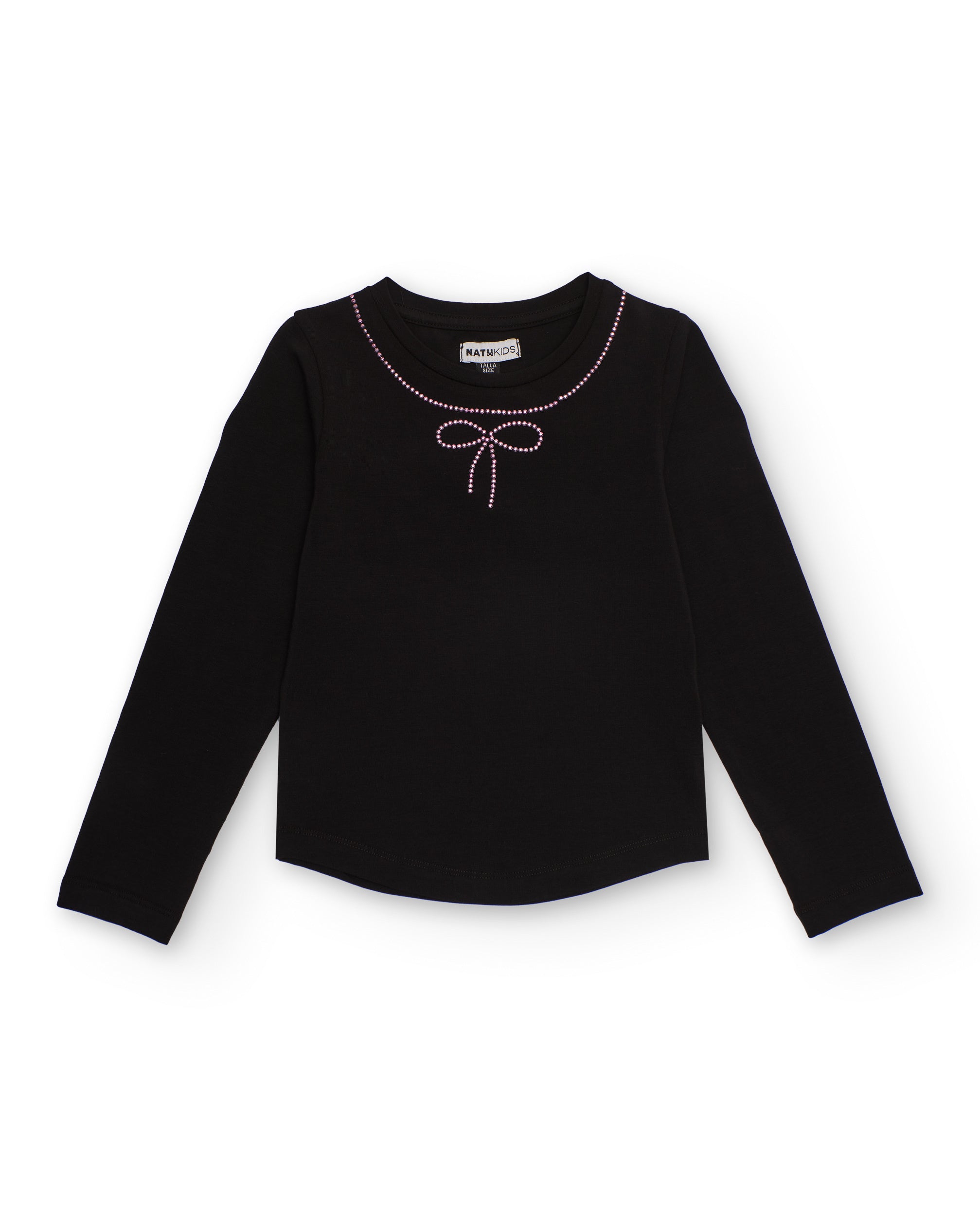 Camiseta negra de manga larga con detalle de lazo en strass