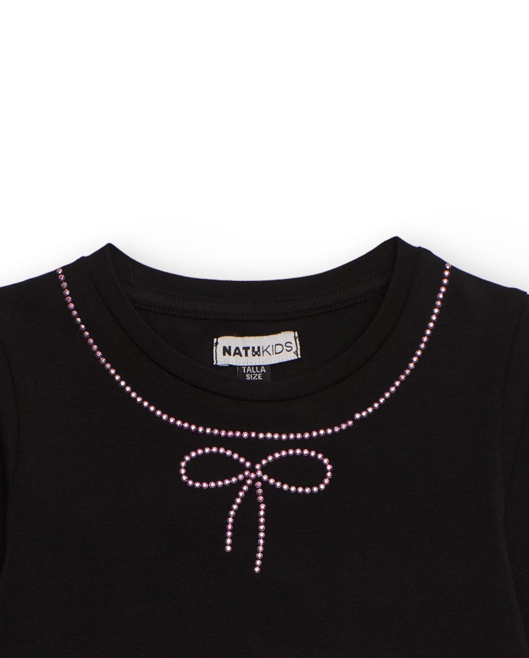 Camiseta negra de manga larga con detalle de lazo en strass