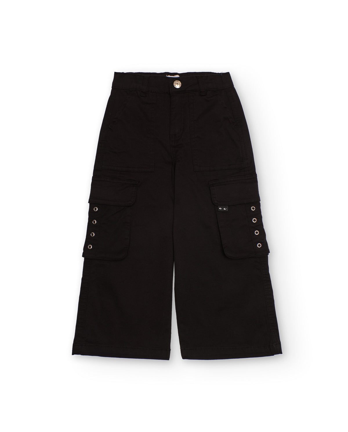 Pantalón cargo ancho negro con ojales decorativos para niña
