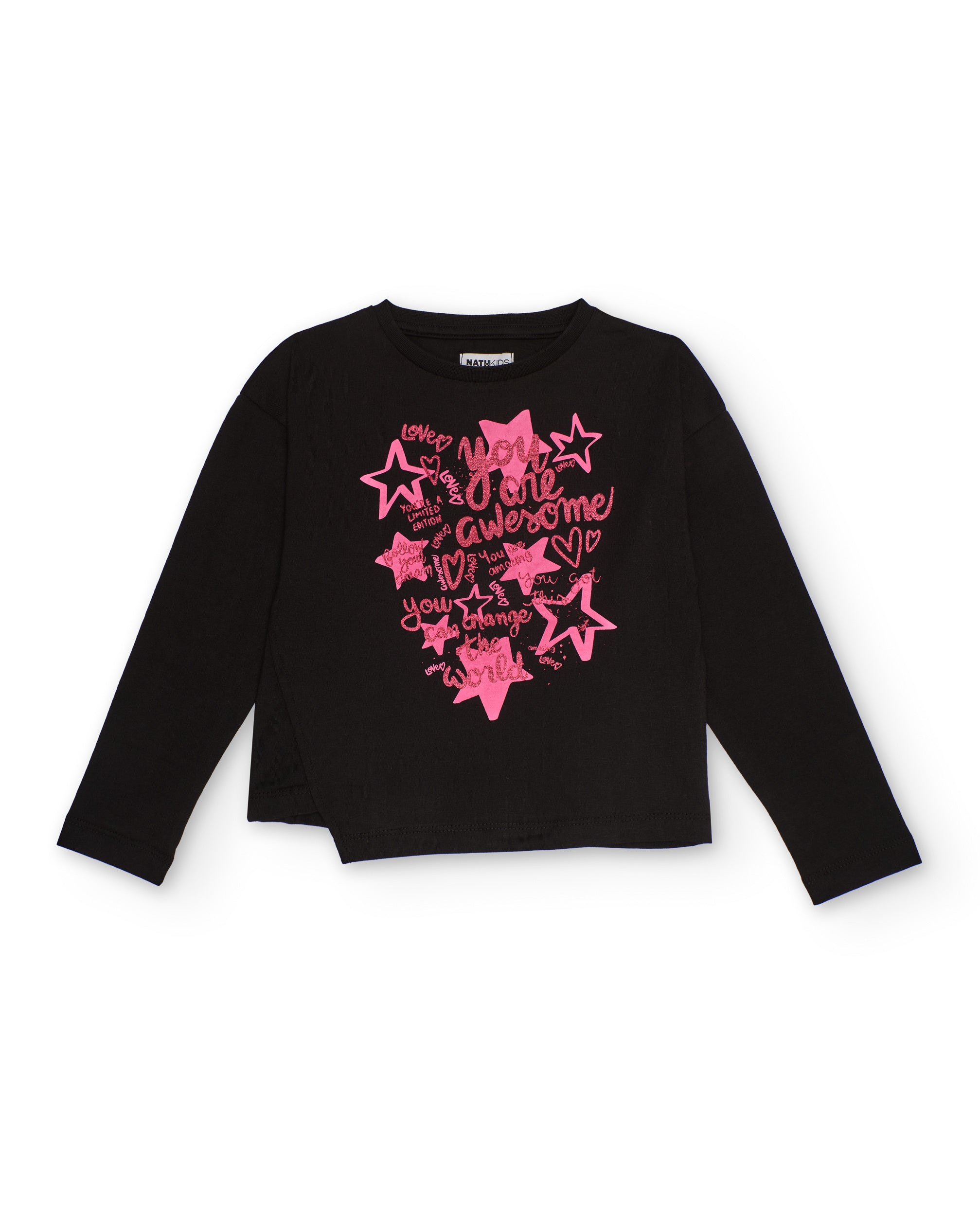Camiseta negra de manga larga para niña con estampado rosa