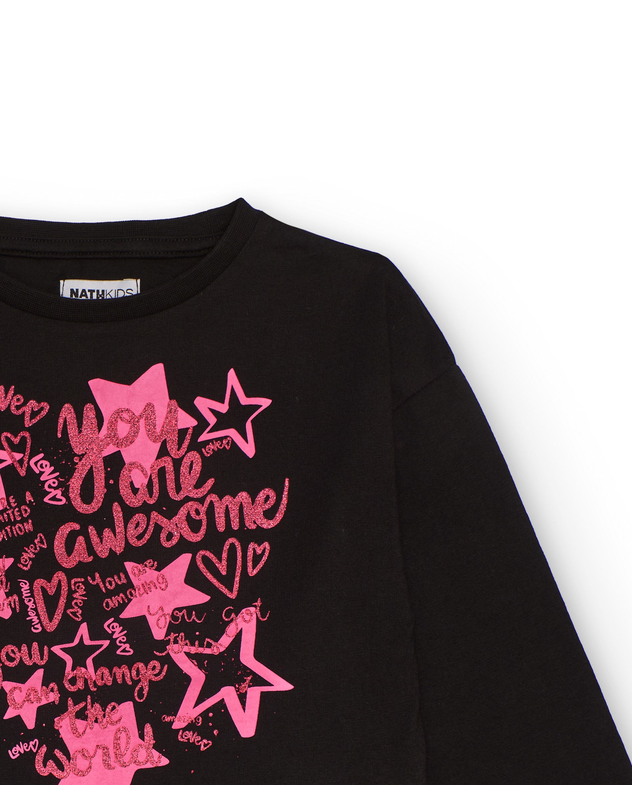 Camiseta negra de manga larga para niña con estampado rosa