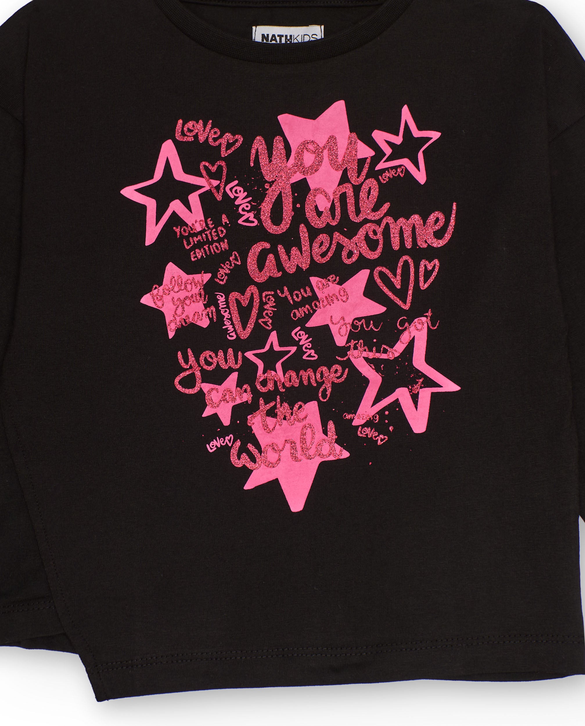 Camiseta negra de manga larga para niña con estampado rosa