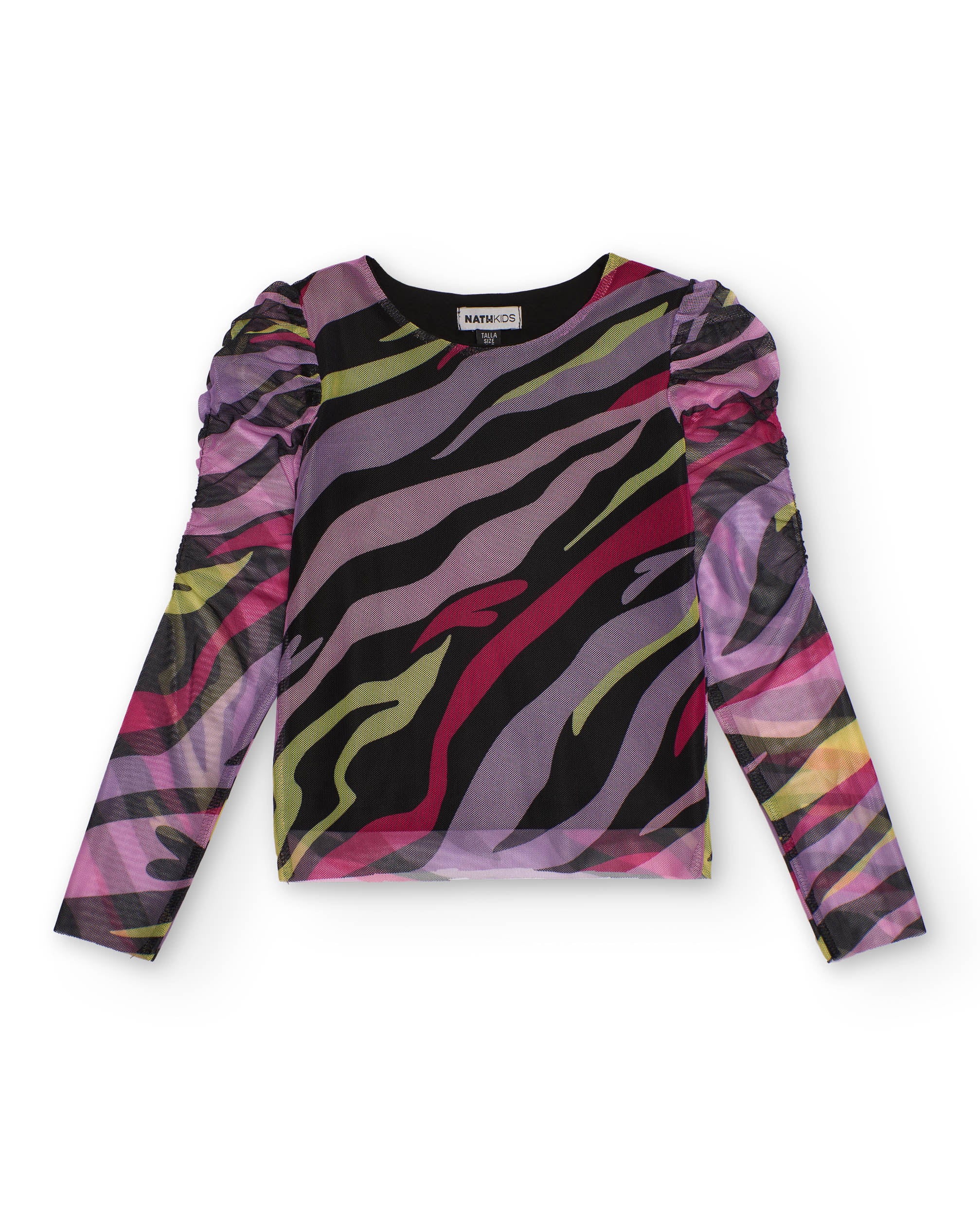 Camiseta de tul para niña con estampado multicolor y frunces en