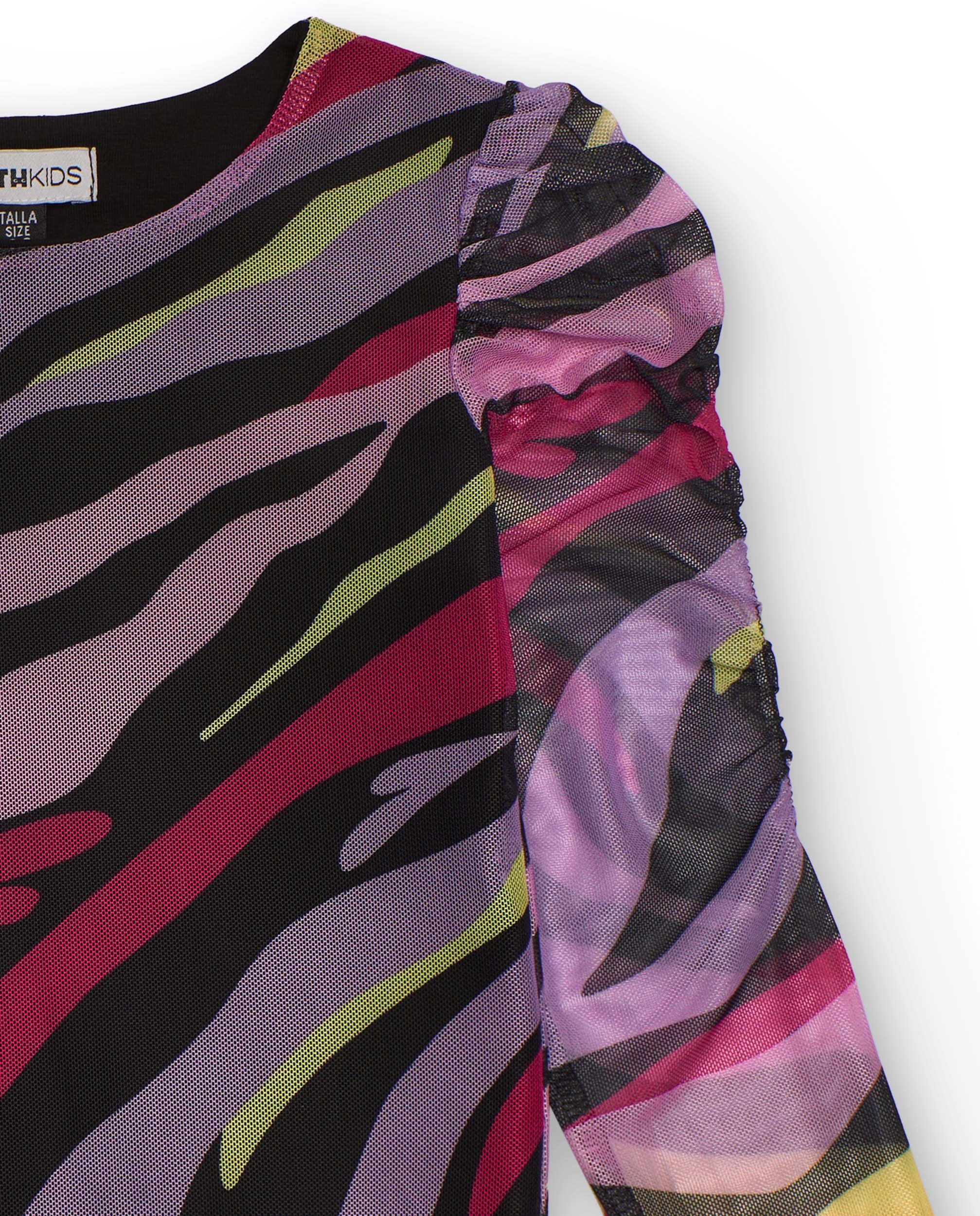 Camiseta de tul para niña con estampado multicolor y frunces en