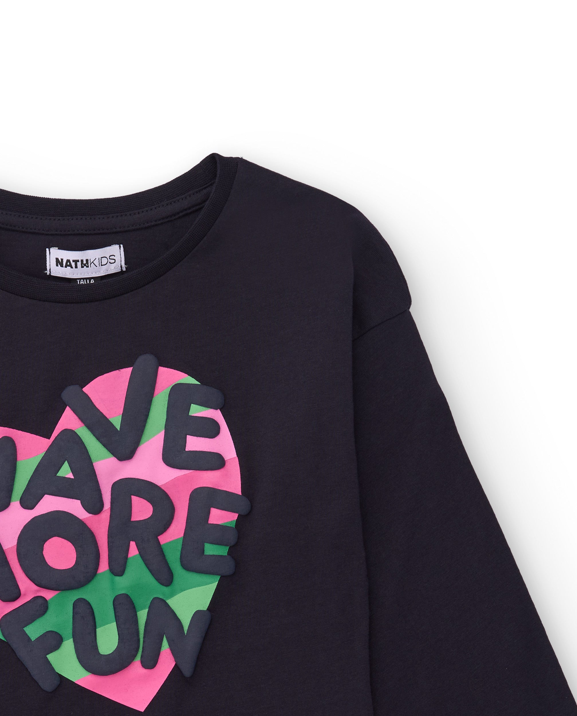 Camiseta negra de manga larga para niña con estampado colorido