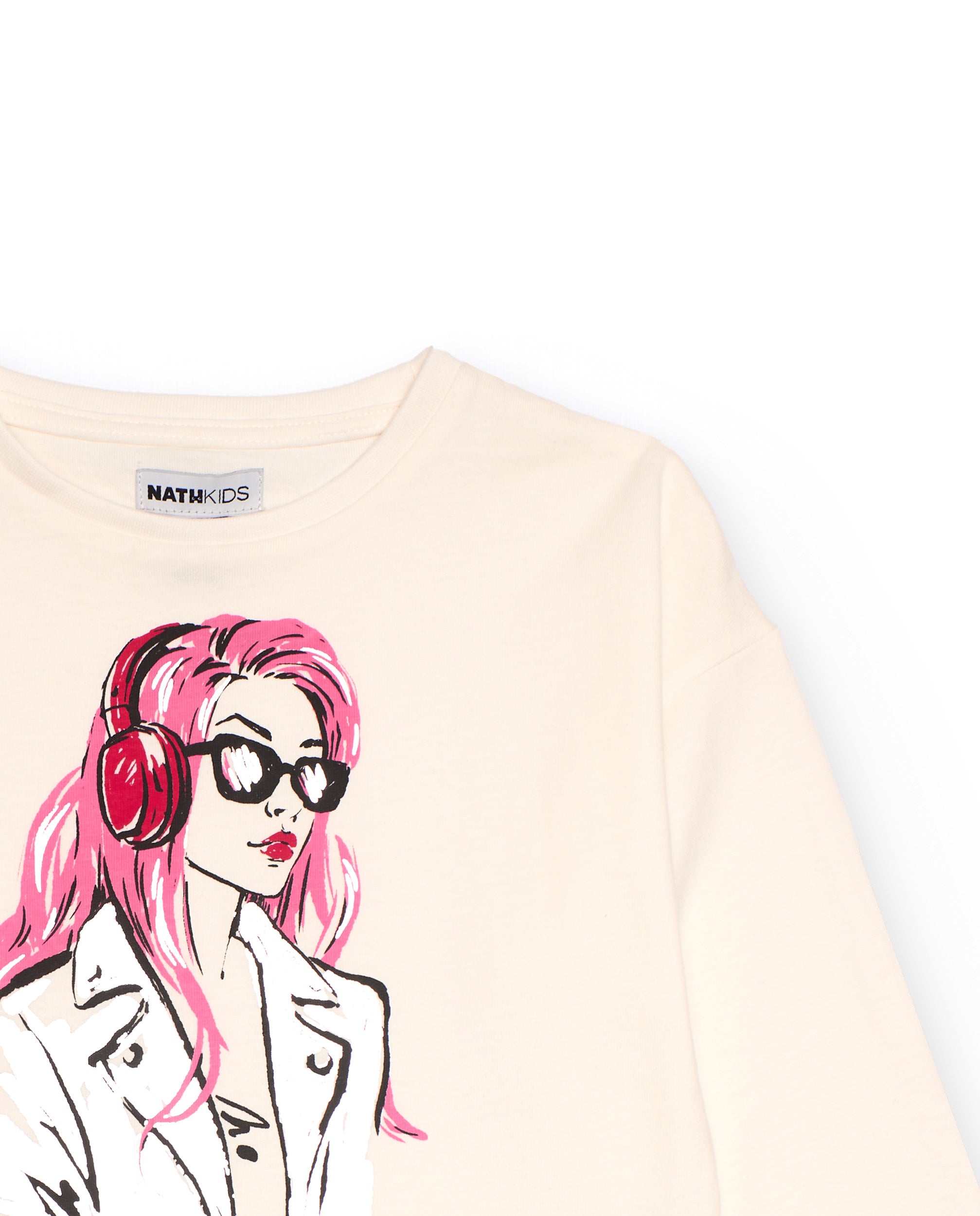Camiseta cruda de manga larga para niña con ilustración de