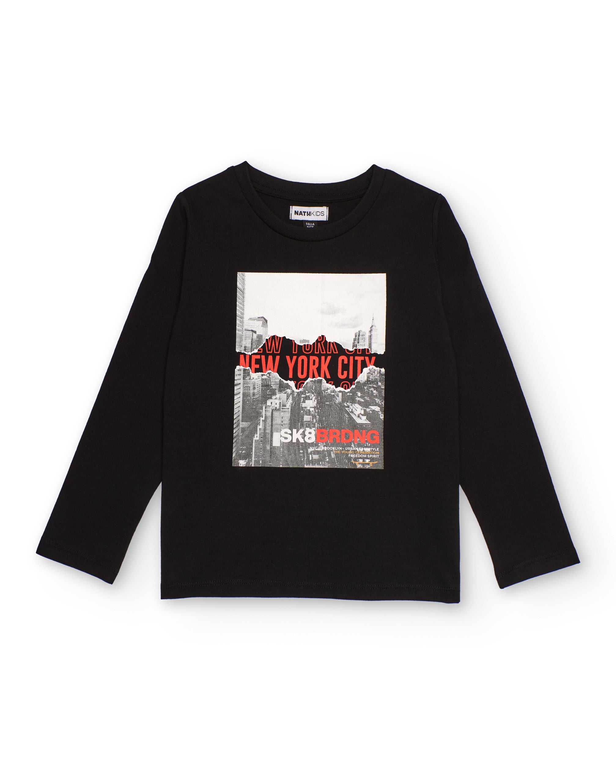 Camiseta negra de manga larga para niño con estampado urbano de