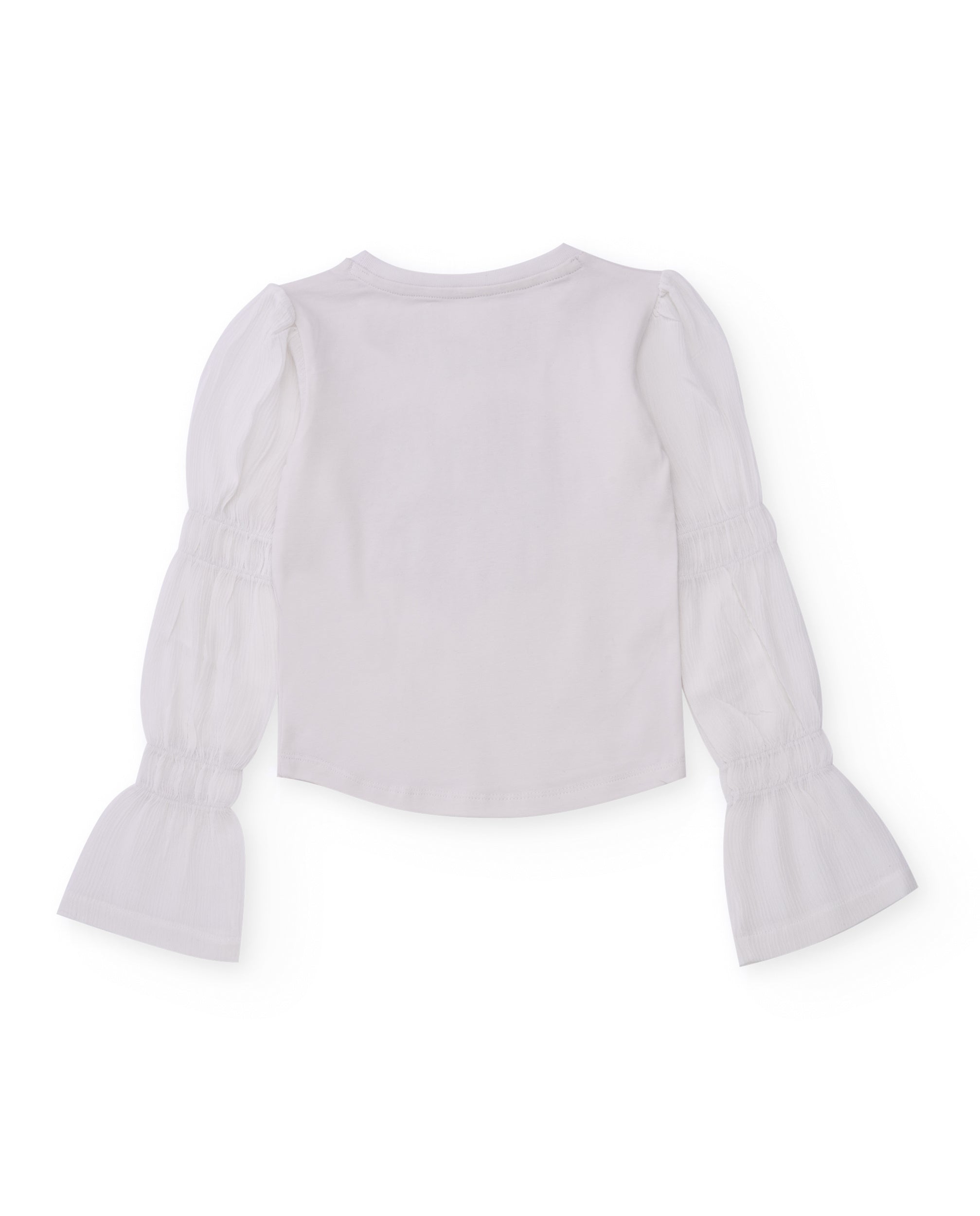 Camiseta blanca para niña con aplicaciones y mangas acampanadas