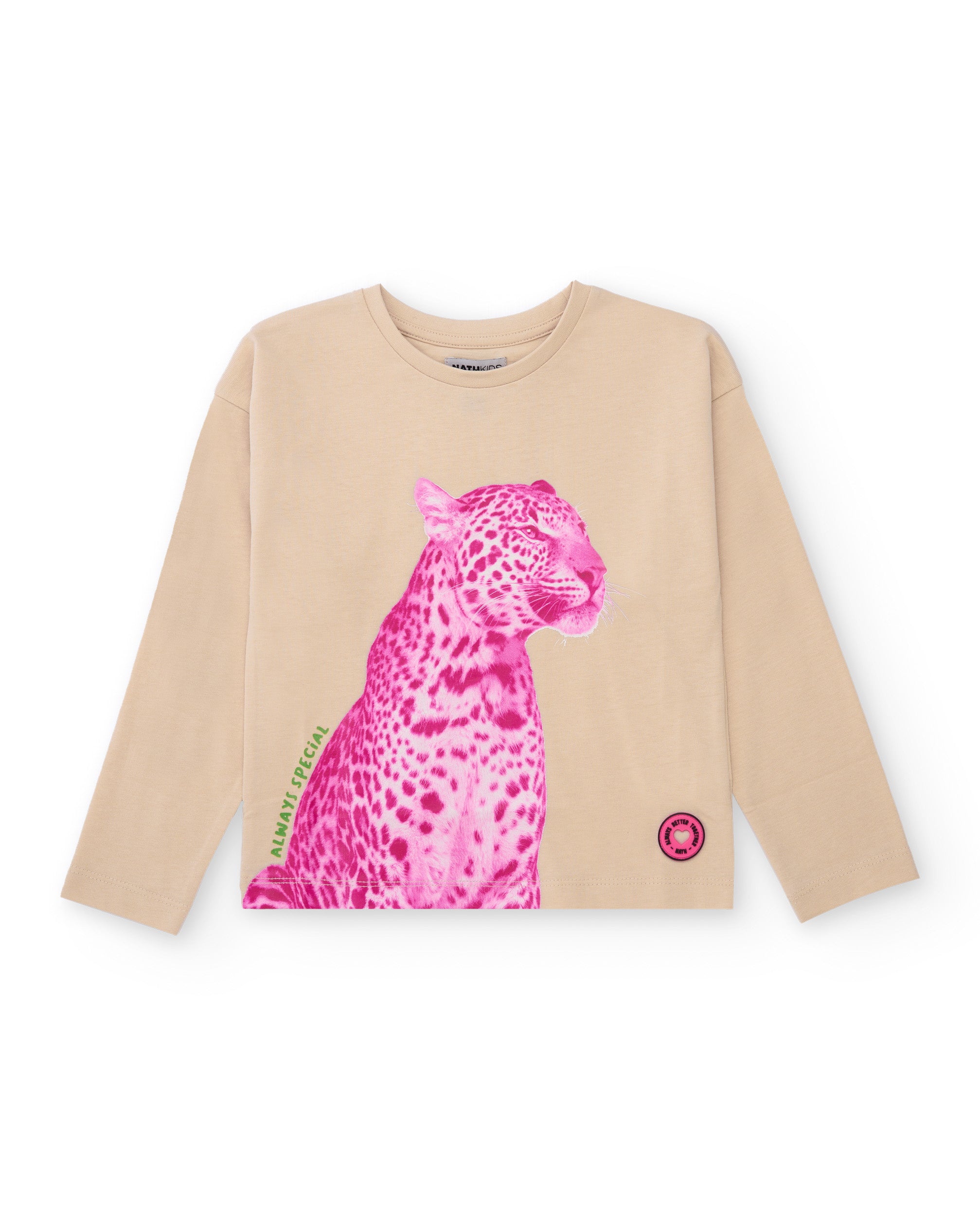 Camiseta beige para niña con estampado de leopardo rosa