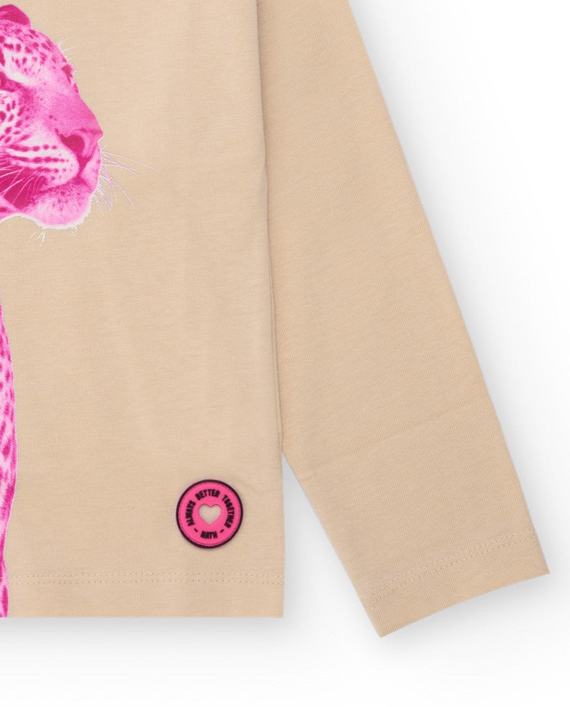 Camiseta beige para niña con estampado de leopardo rosa