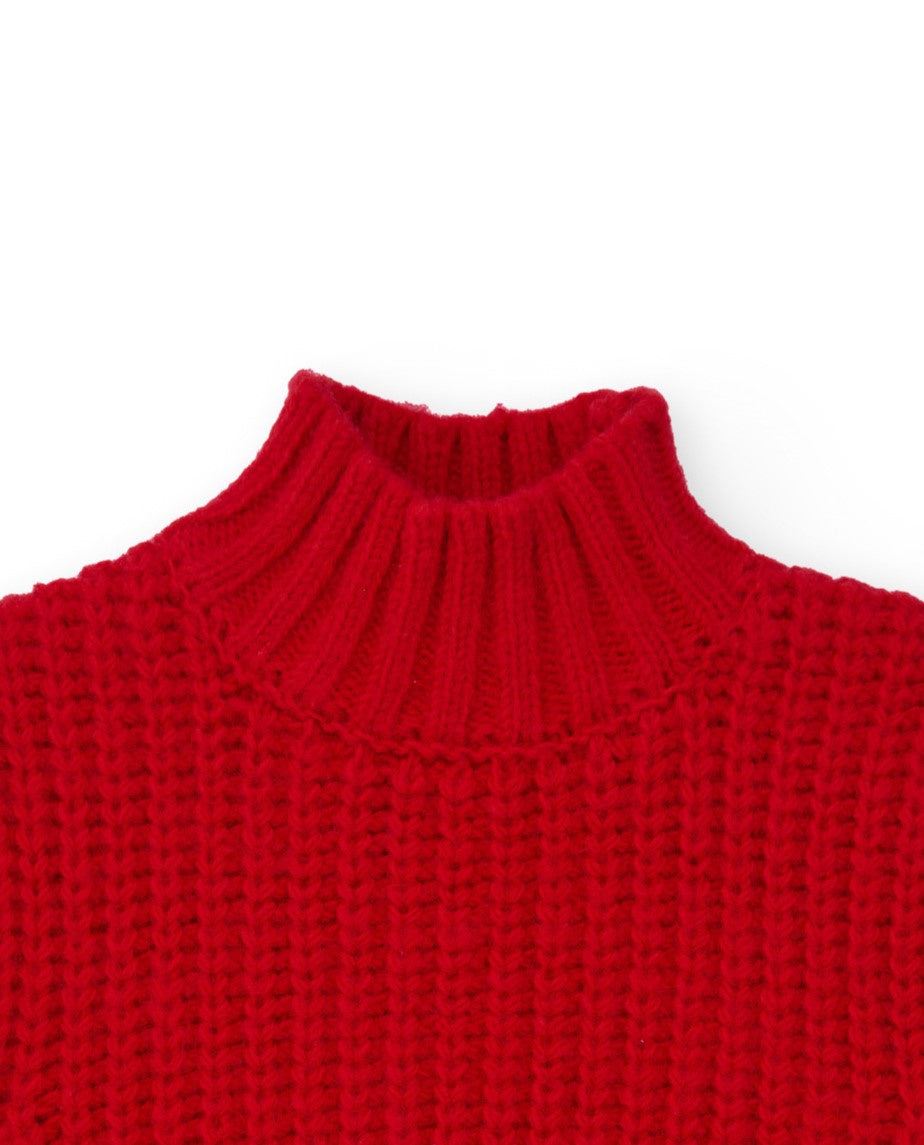 Chaleco de punto rojo para niña con cuello alto