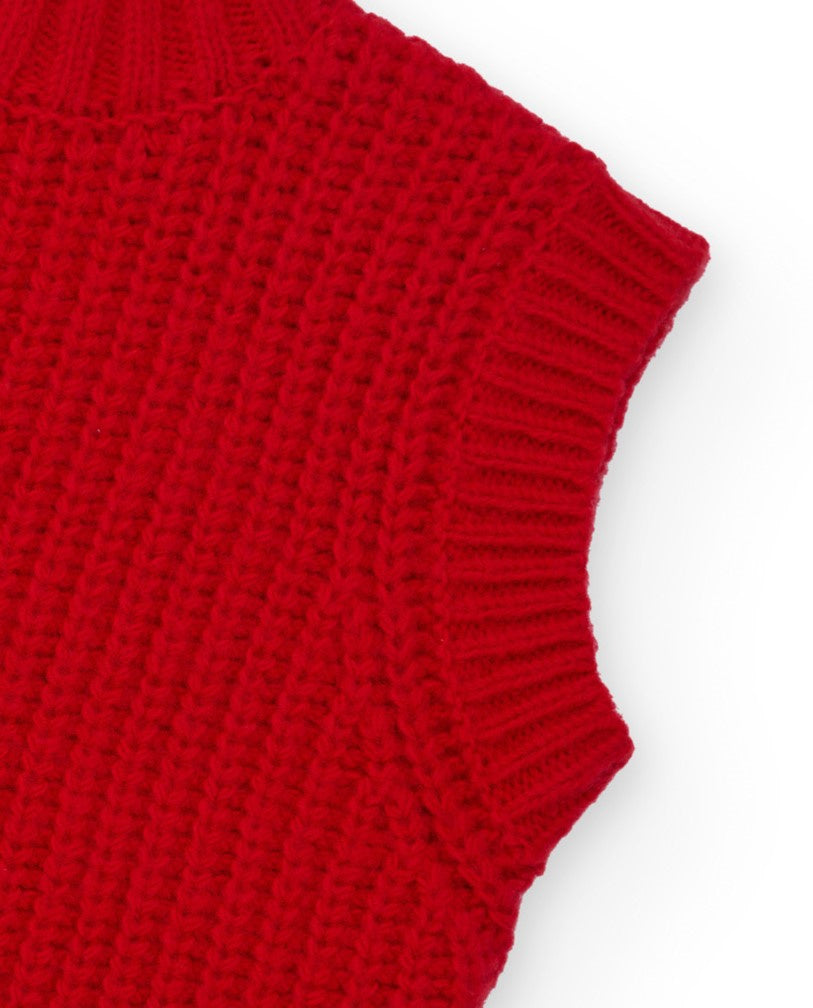 Chaleco de punto rojo para niña con cuello alto