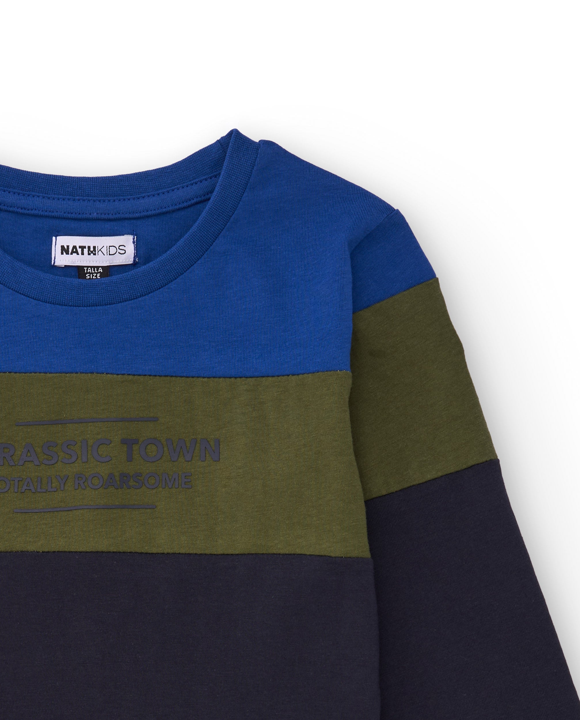 Camiseta de manga larga a rayas para niño con texto “Jurassic
