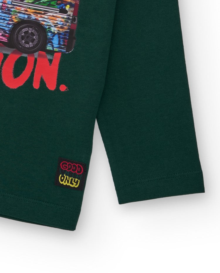 Camiseta verde de manga larga con estampado de furgoneta