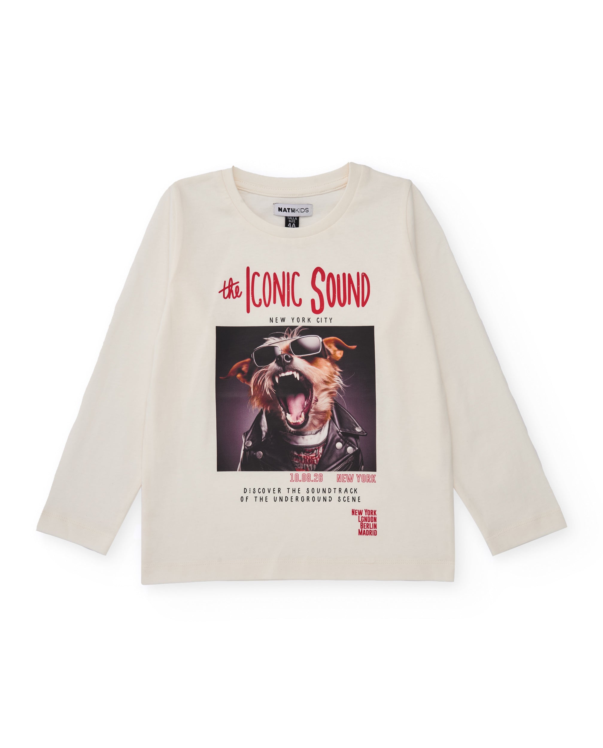 Camiseta de manga larga cruda con estampado de perro rockero