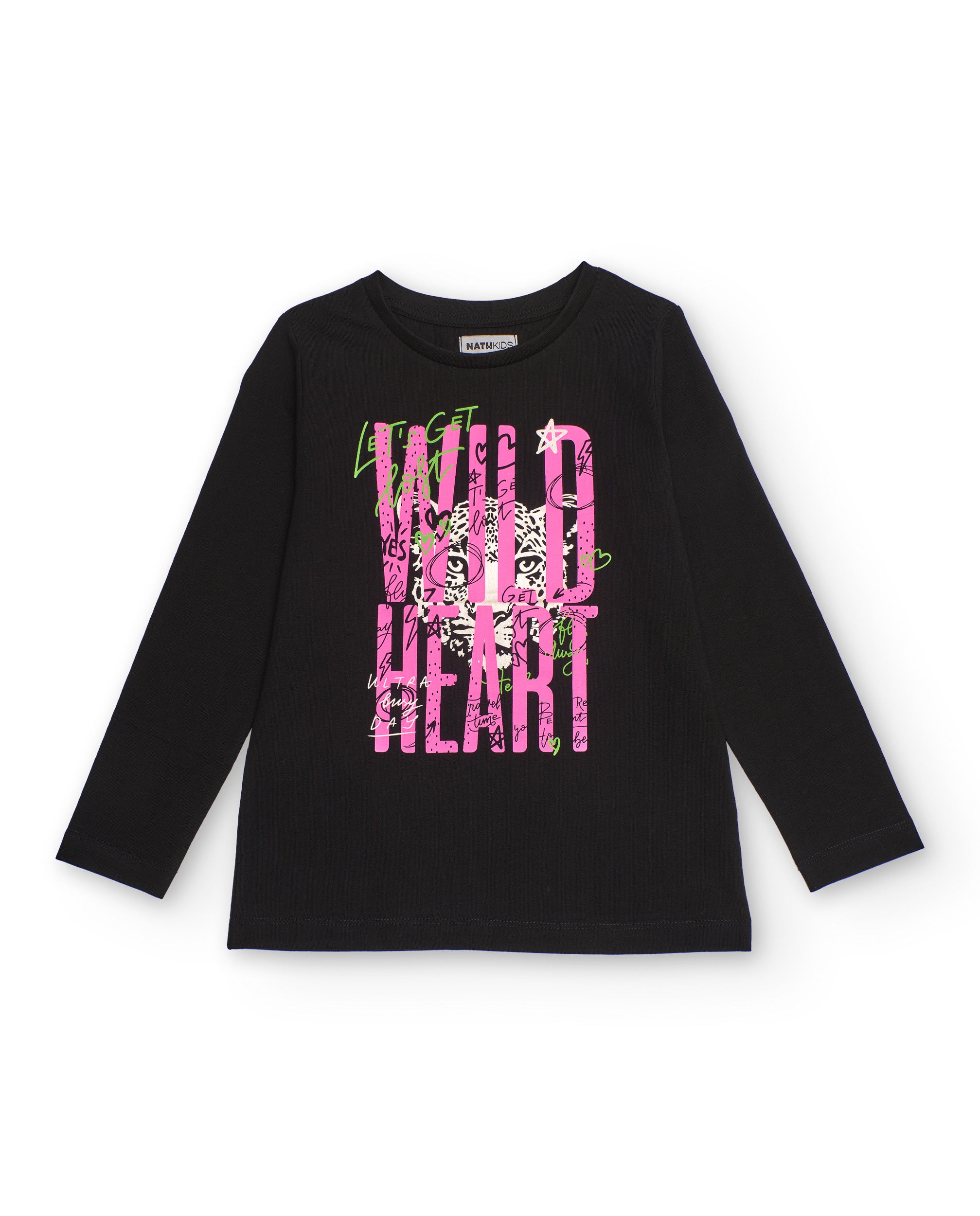 Camiseta negra de manga larga para niña con estampado "Wild