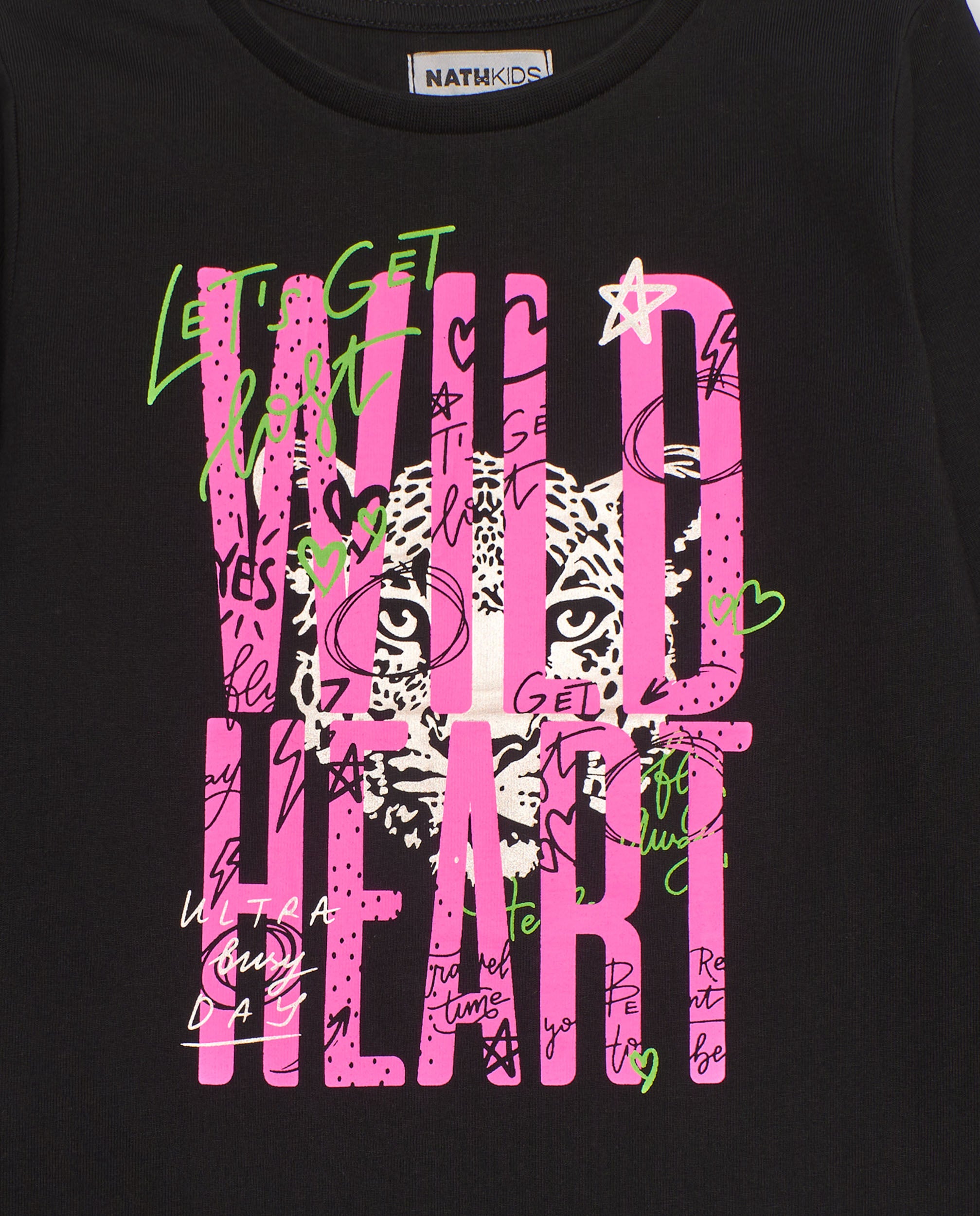 Camiseta negra de manga larga para niña con estampado "Wild