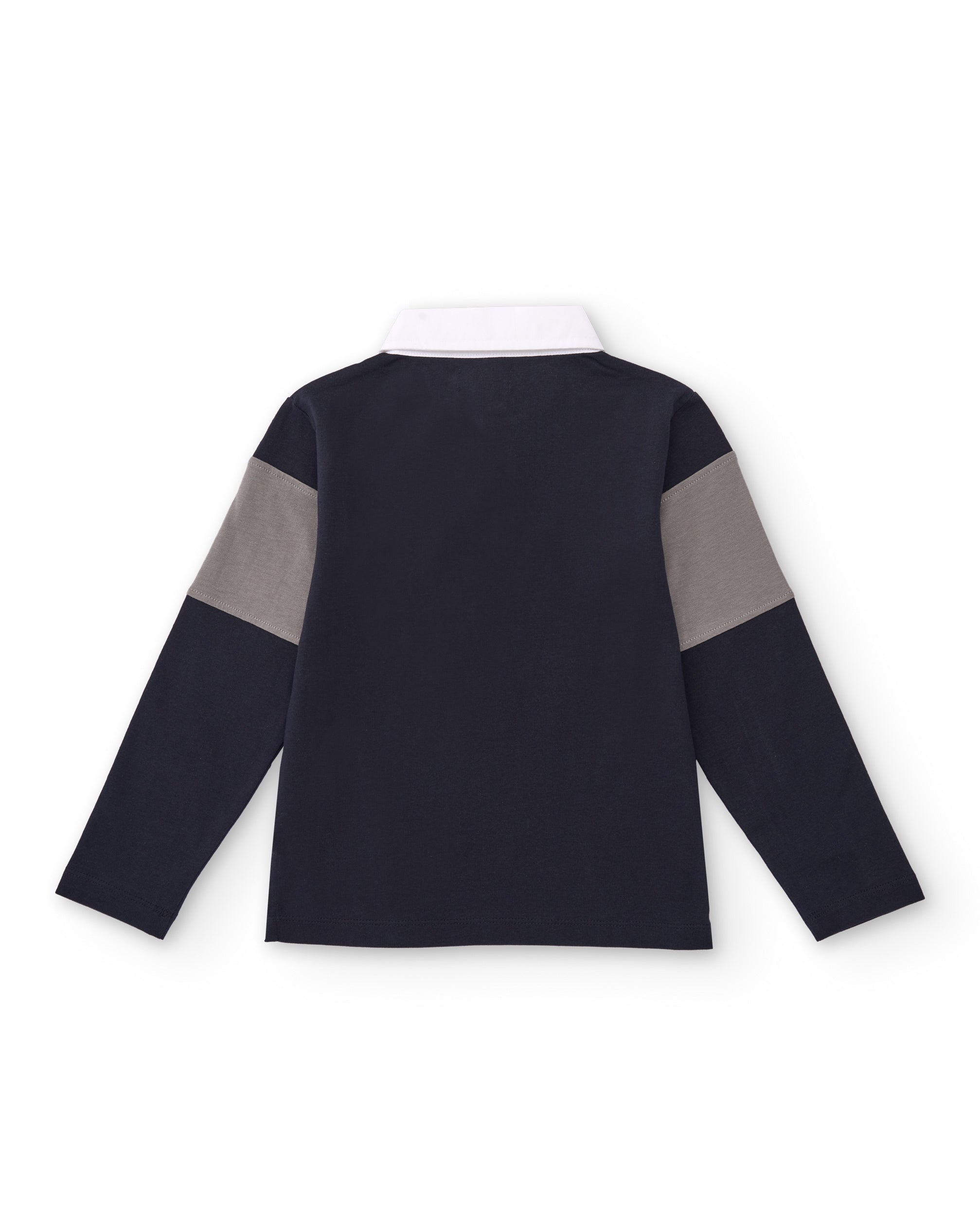 Camiseta tipo polo para niño en bloques de color con texto