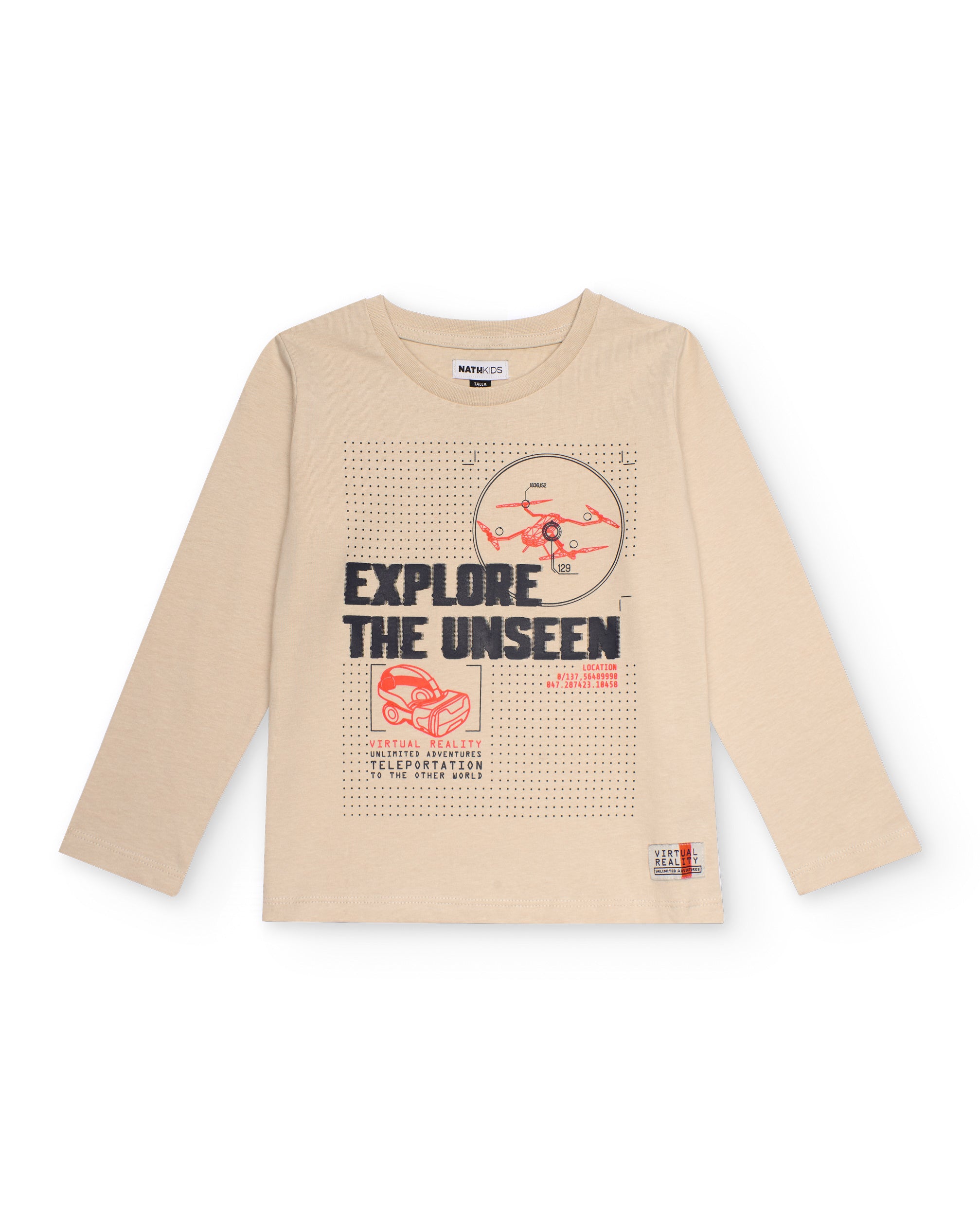 Camiseta beige de manga larga para niño con gráfico tecnológico