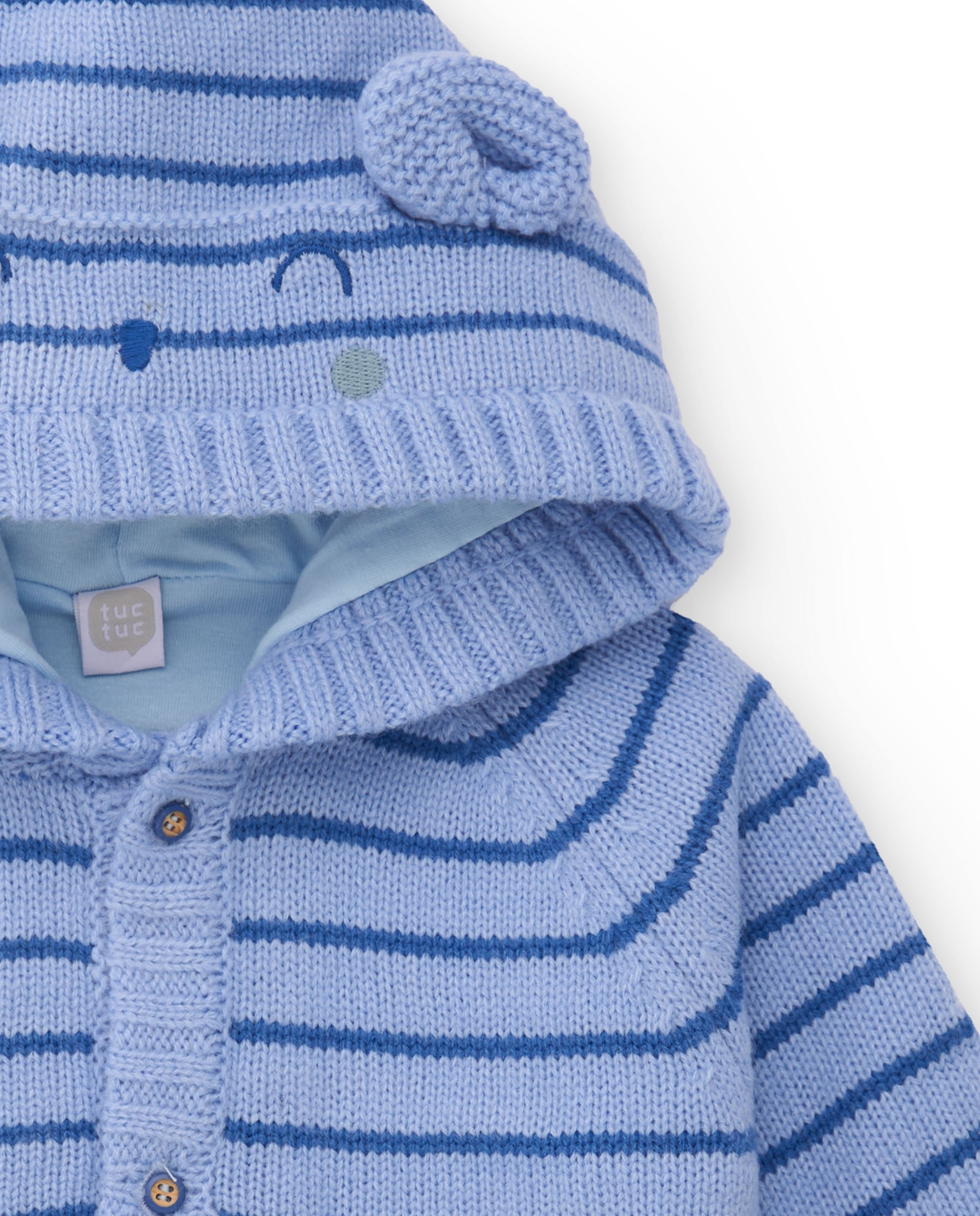Chaqueta para recién nacido en tonos azul con capucha y orejitas