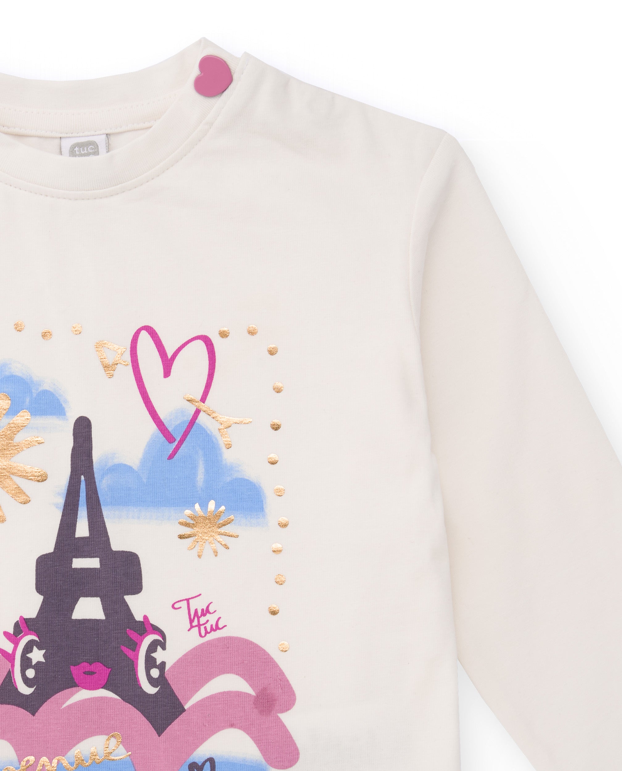 Camiseta para niña color marfil con estampado de Torre Eiffel y
