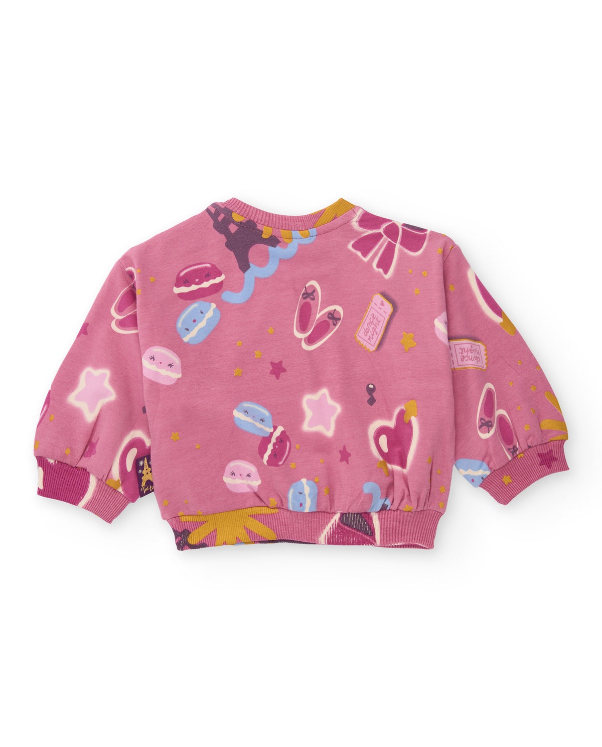 Conjunto para niña de sudadera estampada y pantalón rosa.