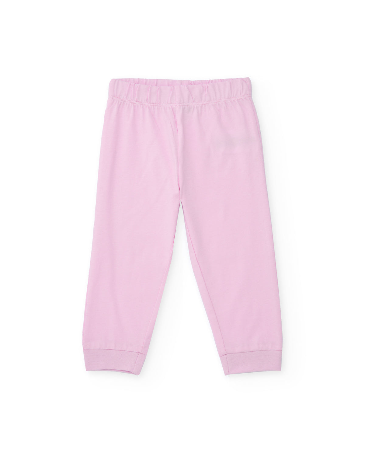 Pijama de punto para niña color rosa con estampado de macarons.