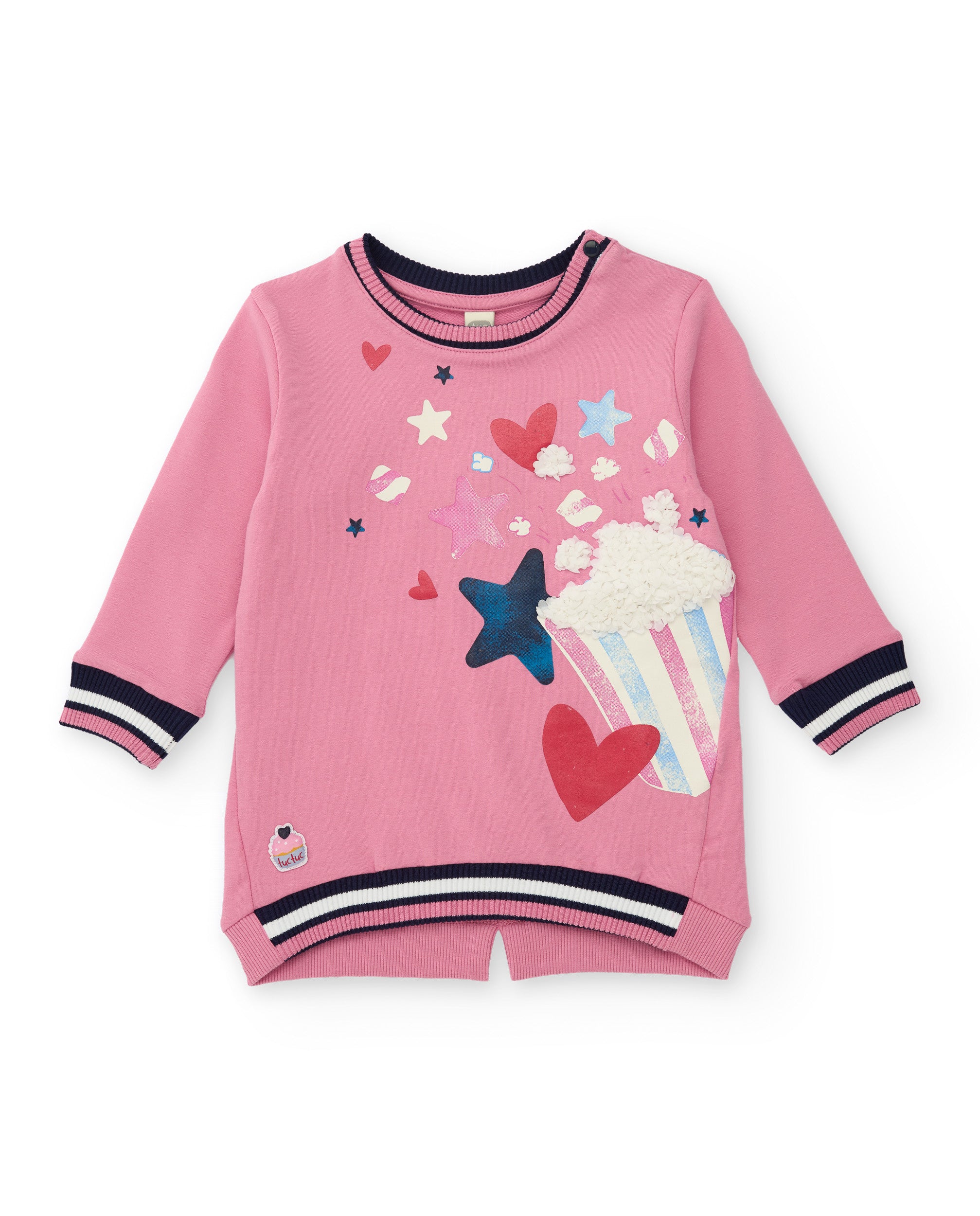 Vestido de niña en rosa con estampado de palomitas y estrellas