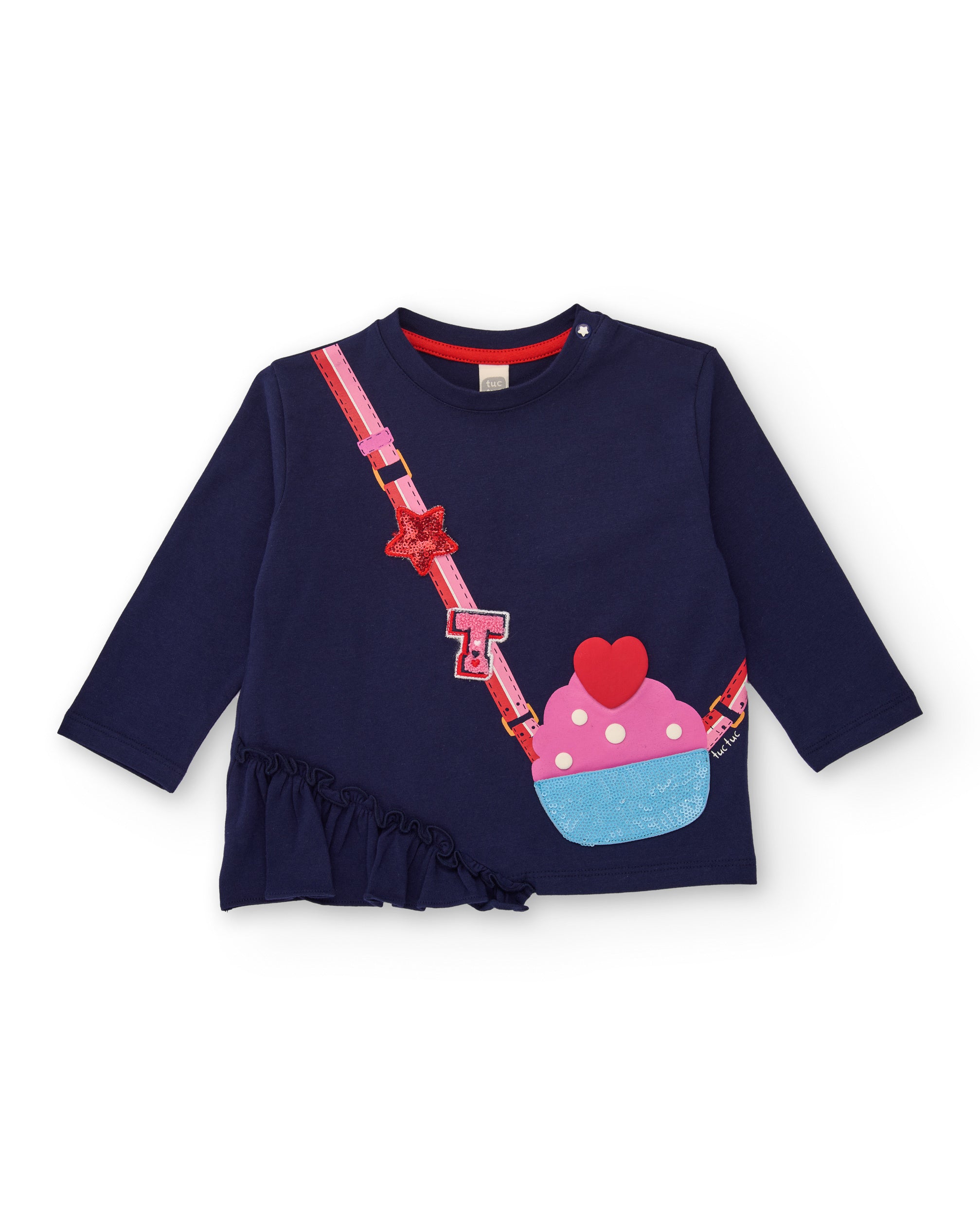 Camiseta para niña en azul marino con diseño de bolso cupcake y