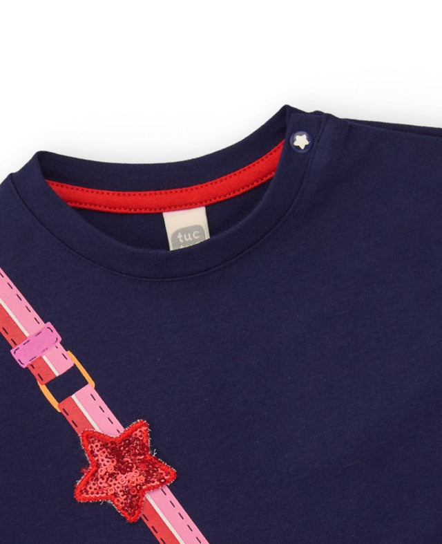 Camiseta para niña en azul marino con diseño de bolso cupcake y