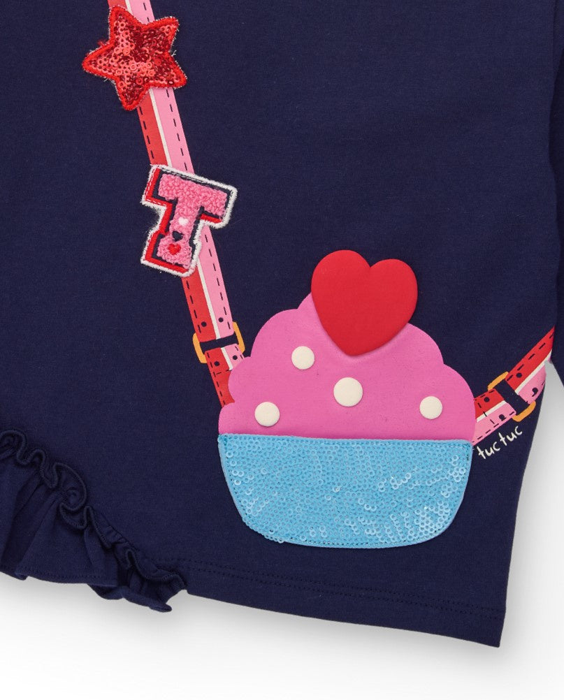 Camiseta para niña en azul marino con diseño de bolso cupcake y