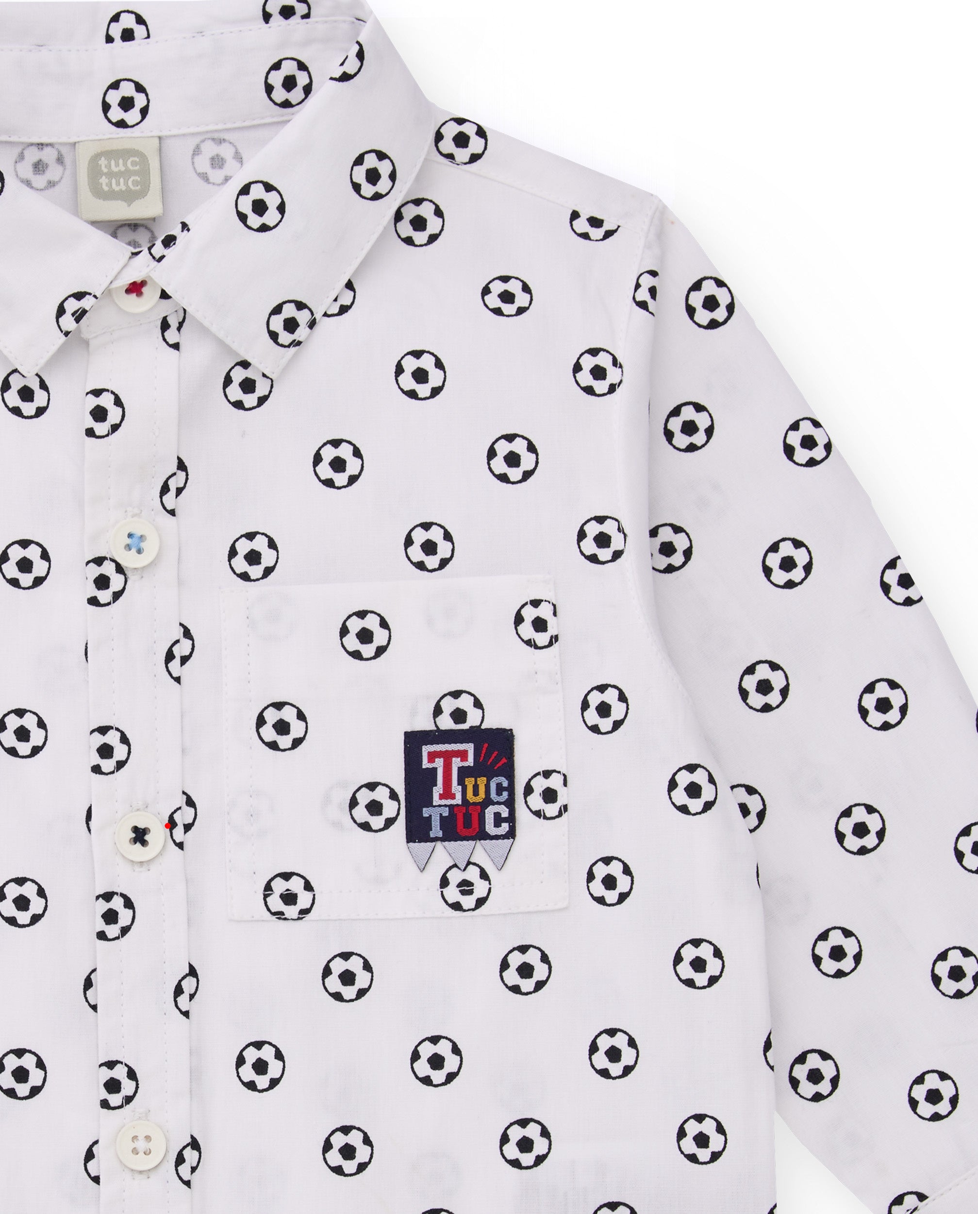 Camisa de popelín para niño en blanco con estampado de balones.