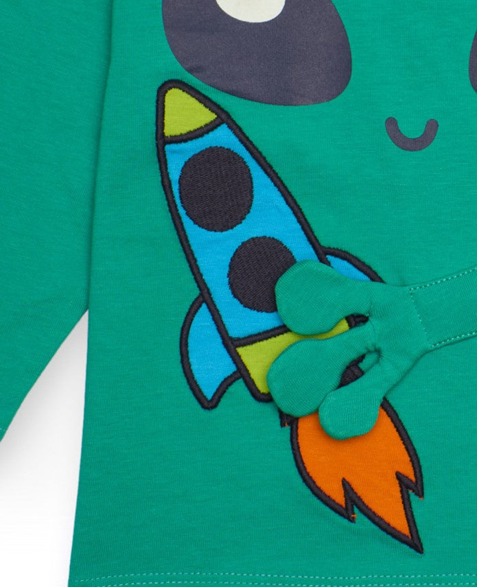 Camiseta de punto para niño color verde con estampado de cohete