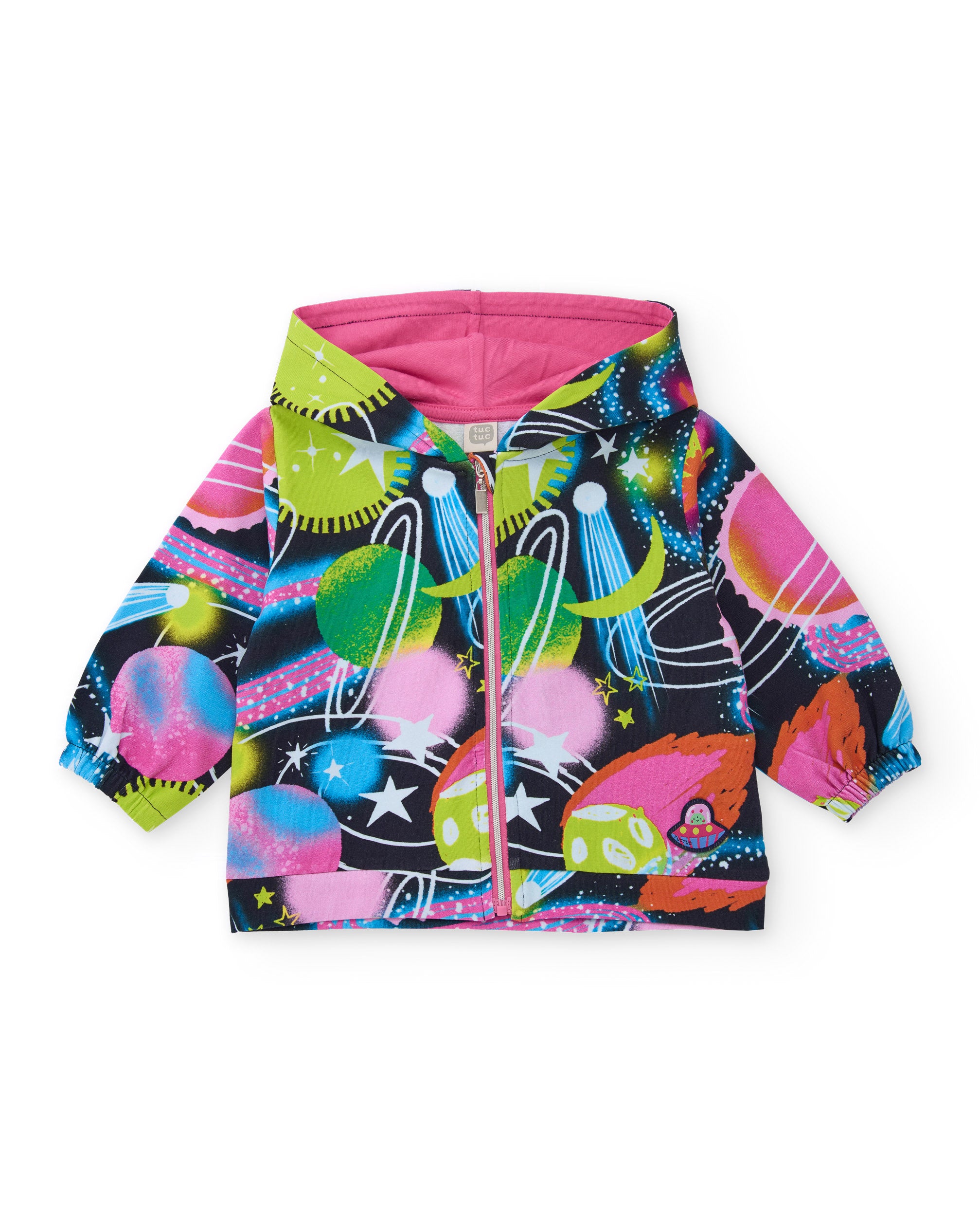 Sudadera para niña con capucha y estampado espacial multicolor.