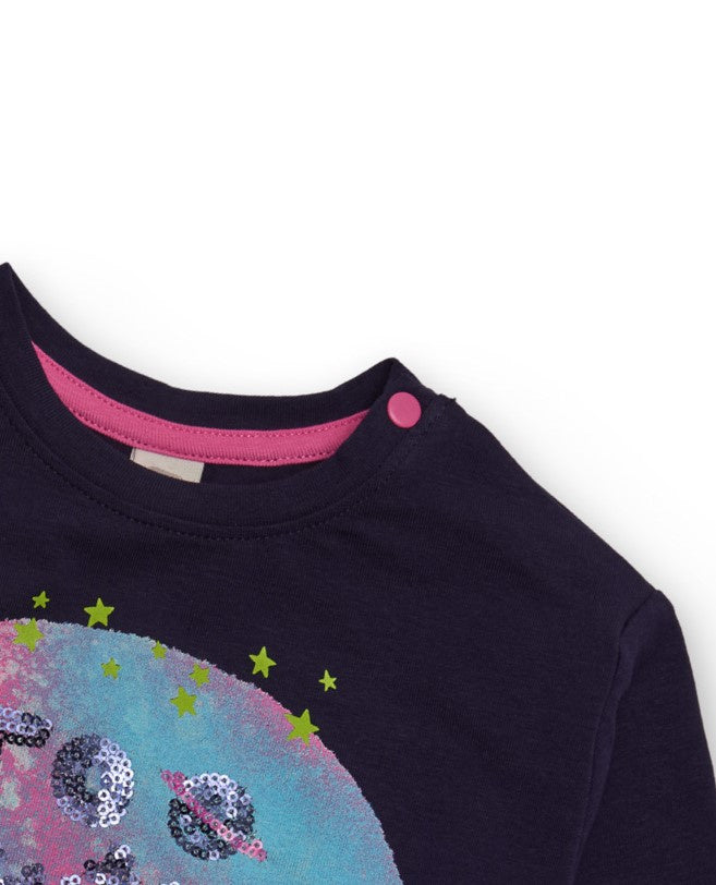 Blusa para niña de manga larga color azul marino con estampado