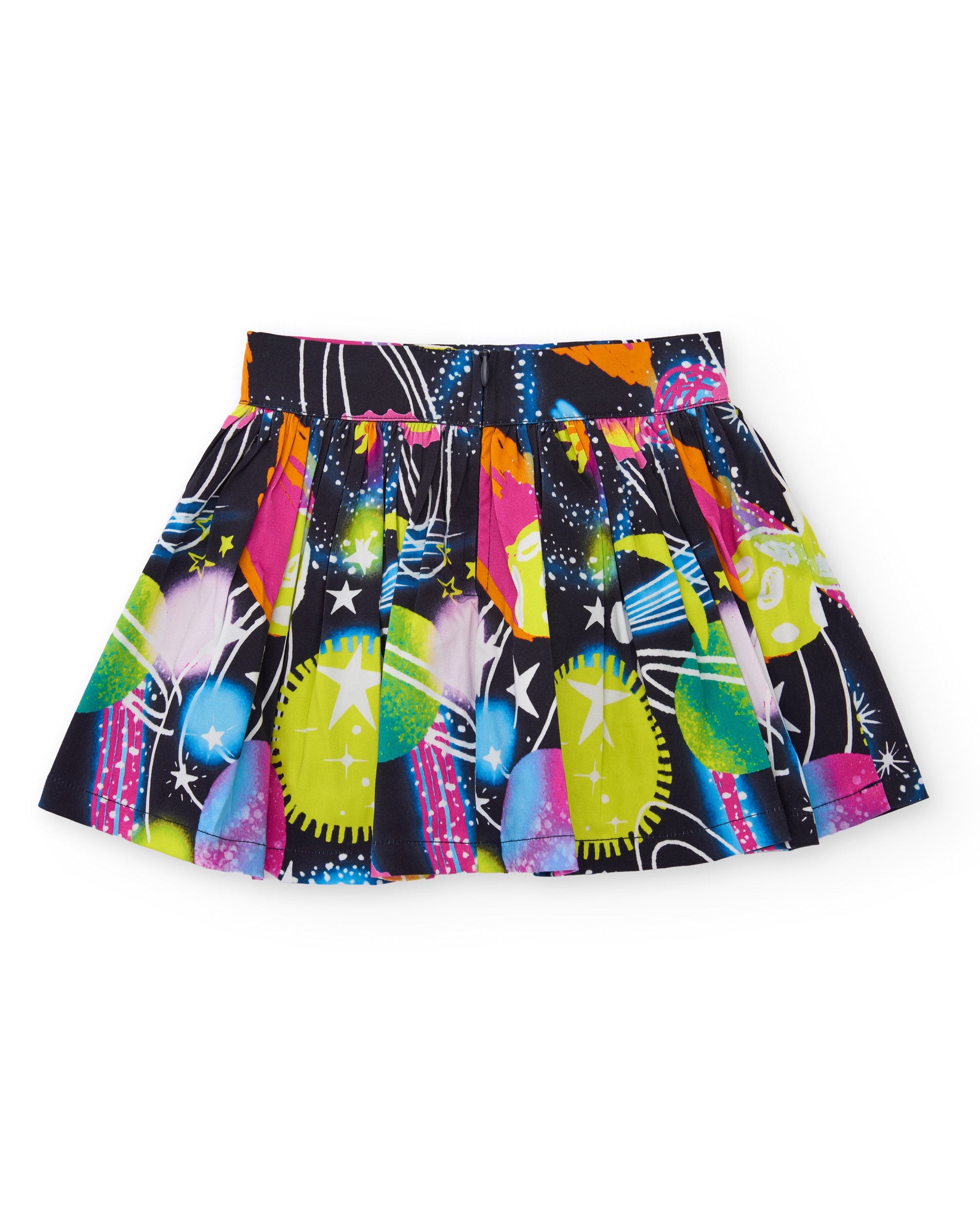 Falda de niña con estampado galáctico multicolor.