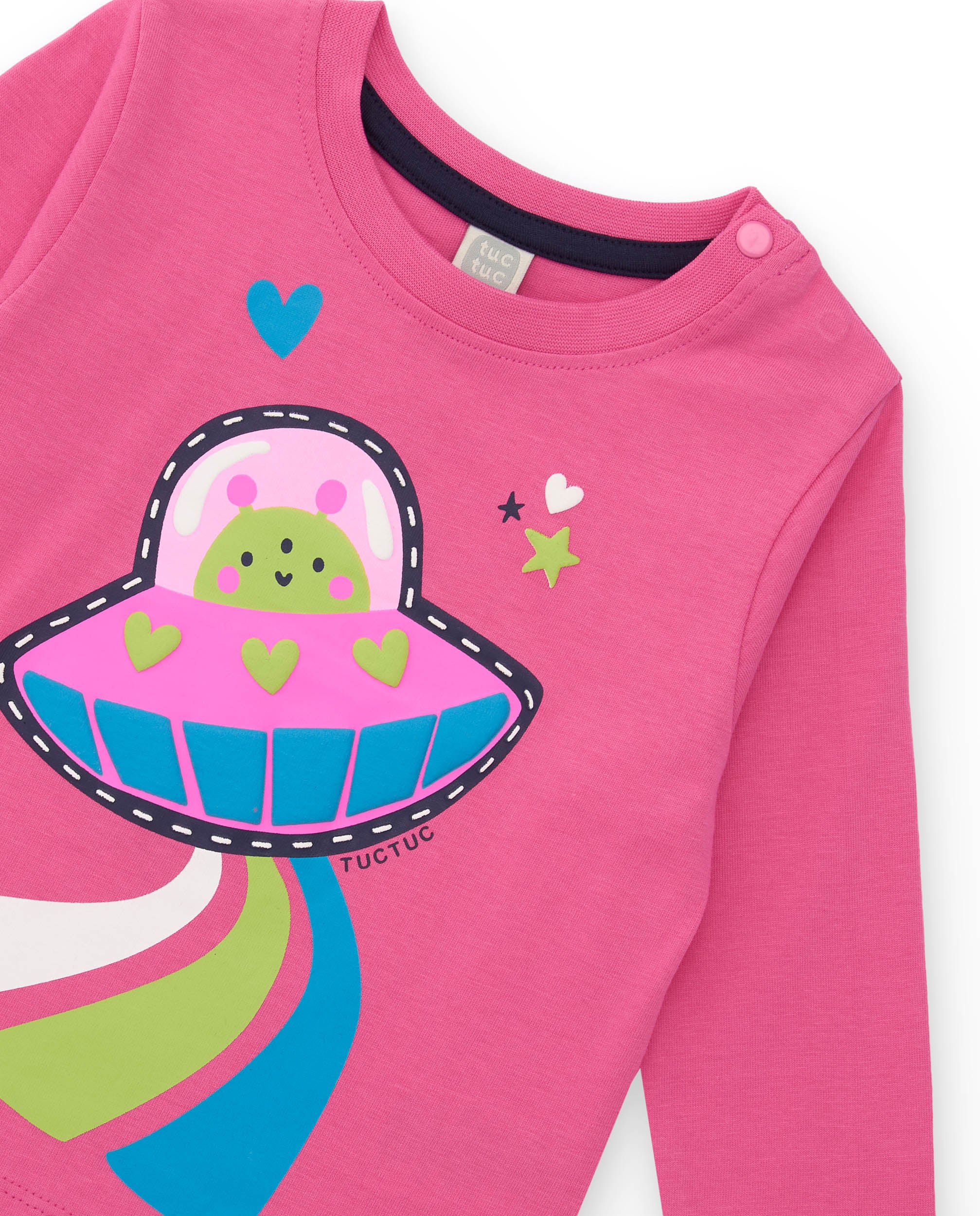 Pijama de algodón para niña en color rosa con estampado de nave