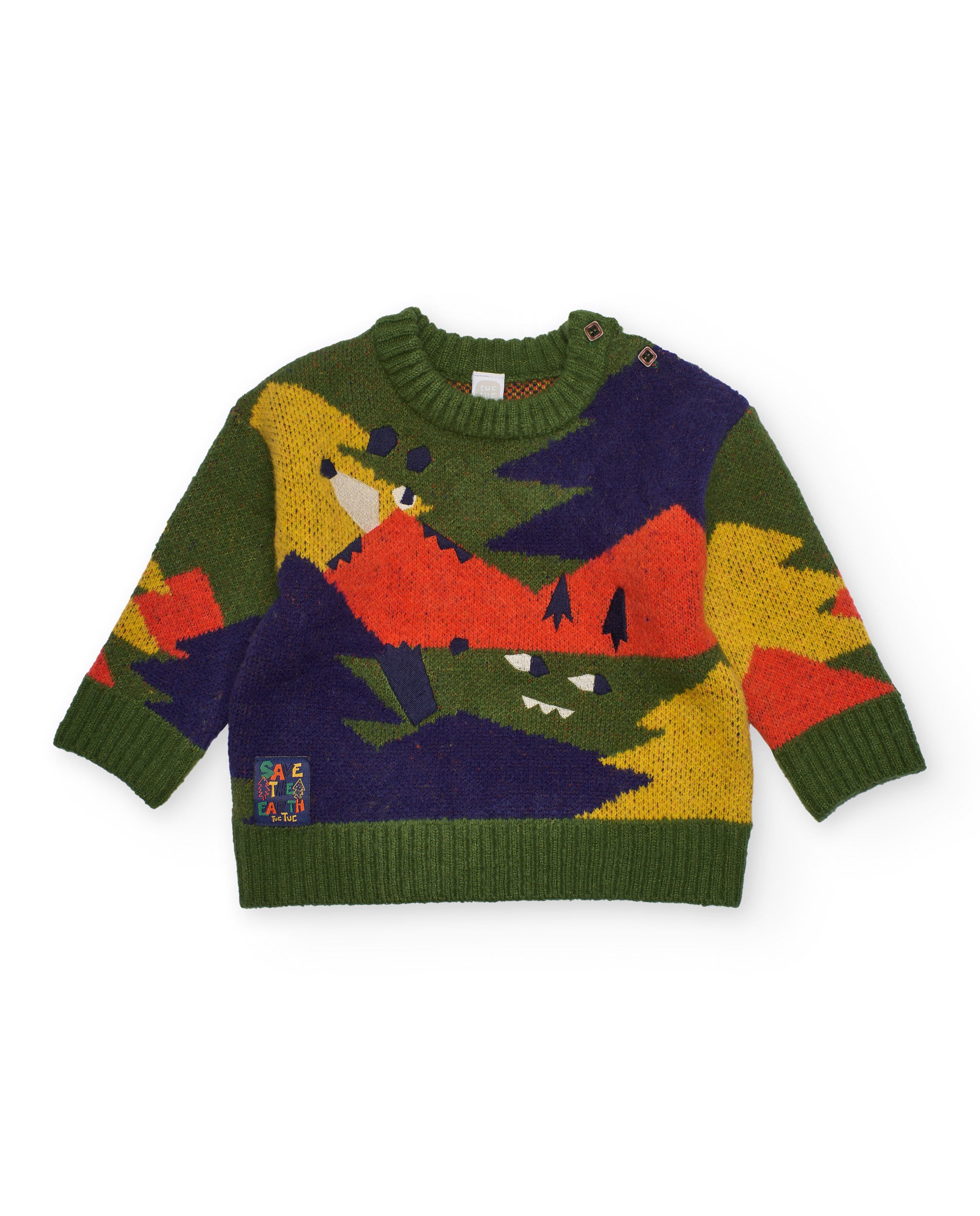 Suéter de punto para niño multicolor con diseño de dragón.