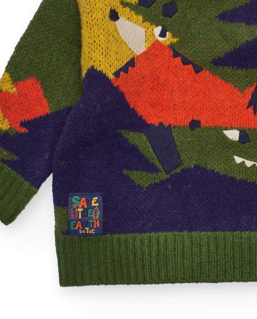 Suéter de punto para niño multicolor con diseño de dragón.