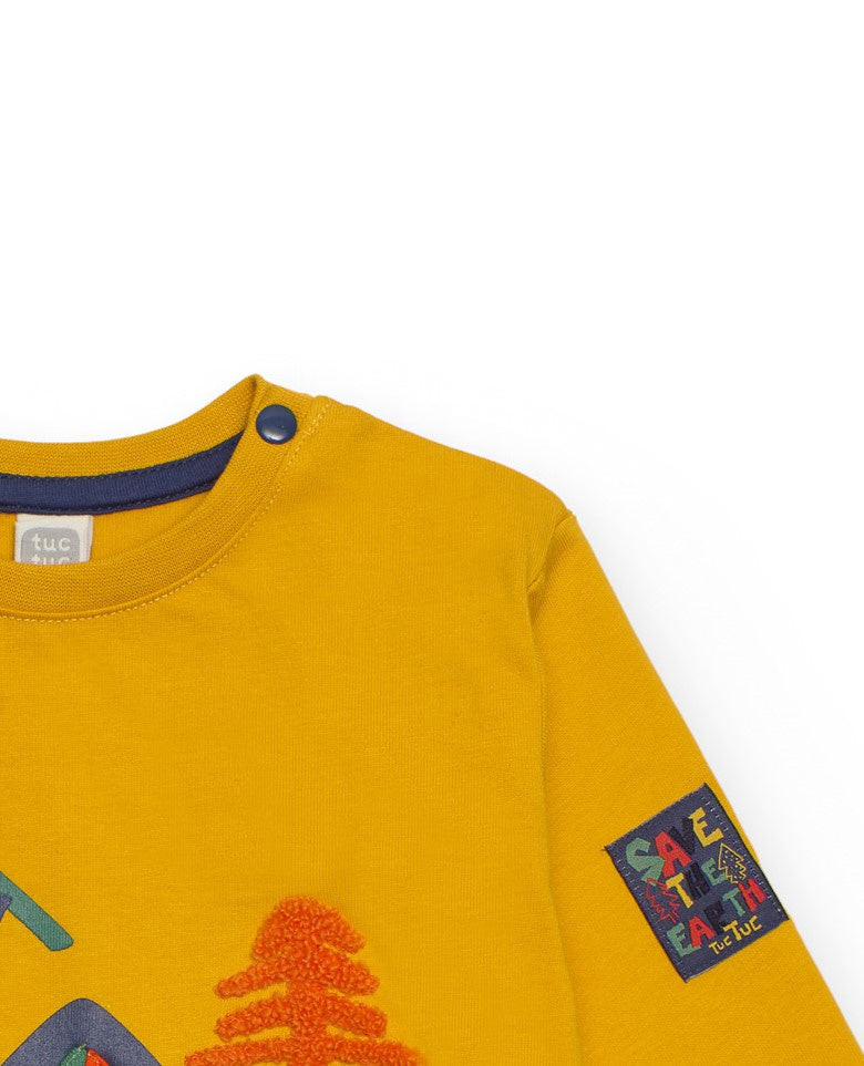 Camiseta de manga larga para niño color mostaza con estampado
