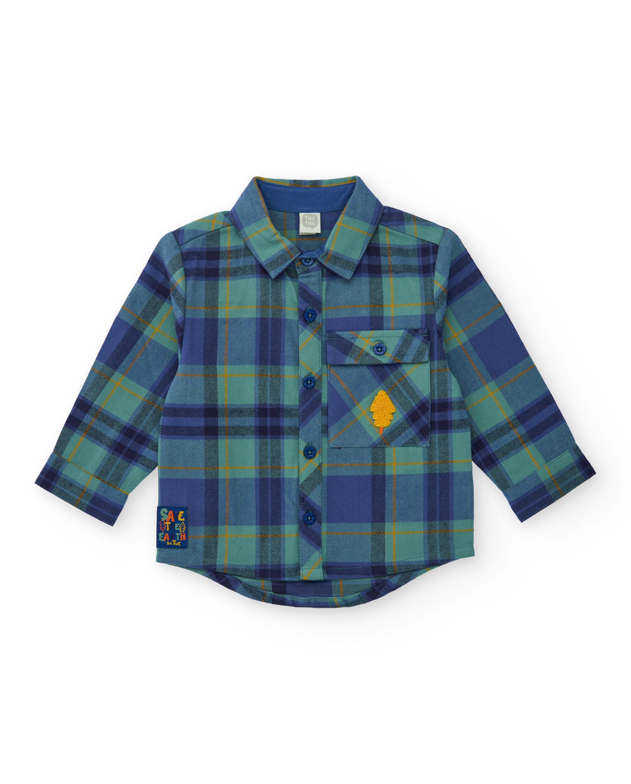 Camisa de franela para niño en cuadros azules y verdes con