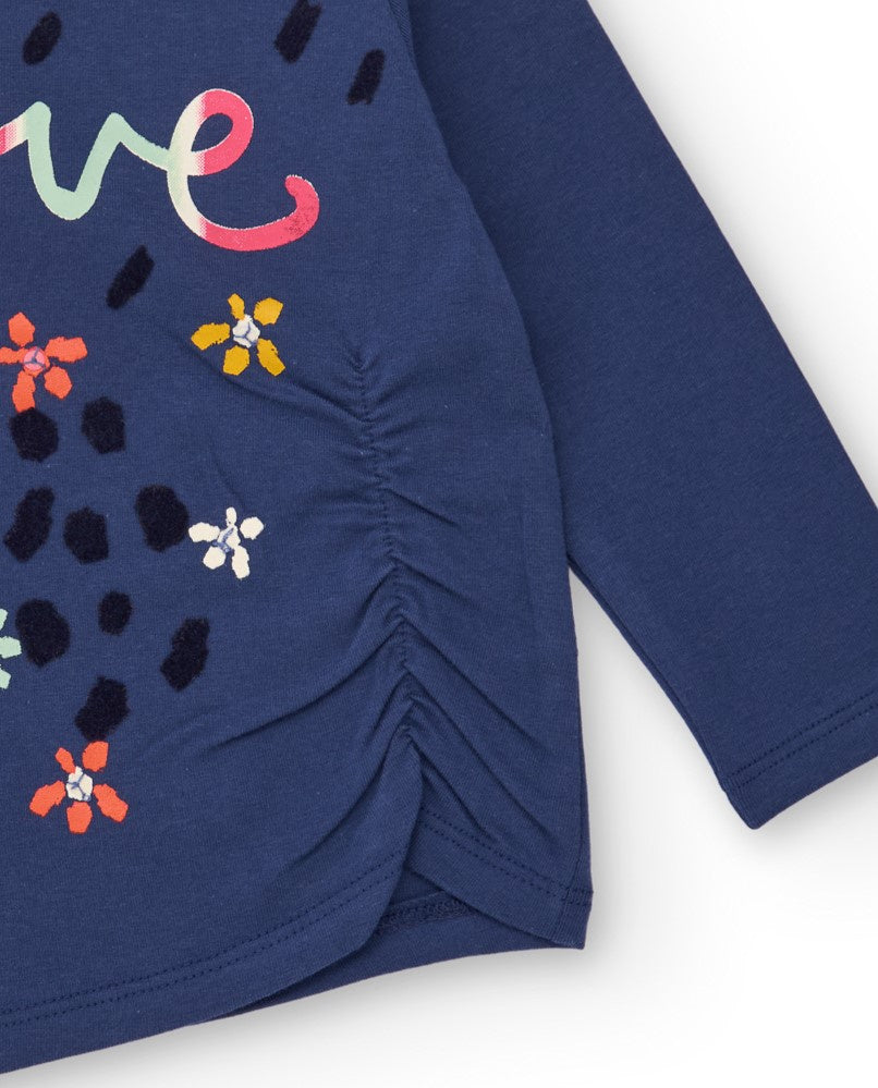 Camiseta de punto para bebé niña en azul marino con frunces y