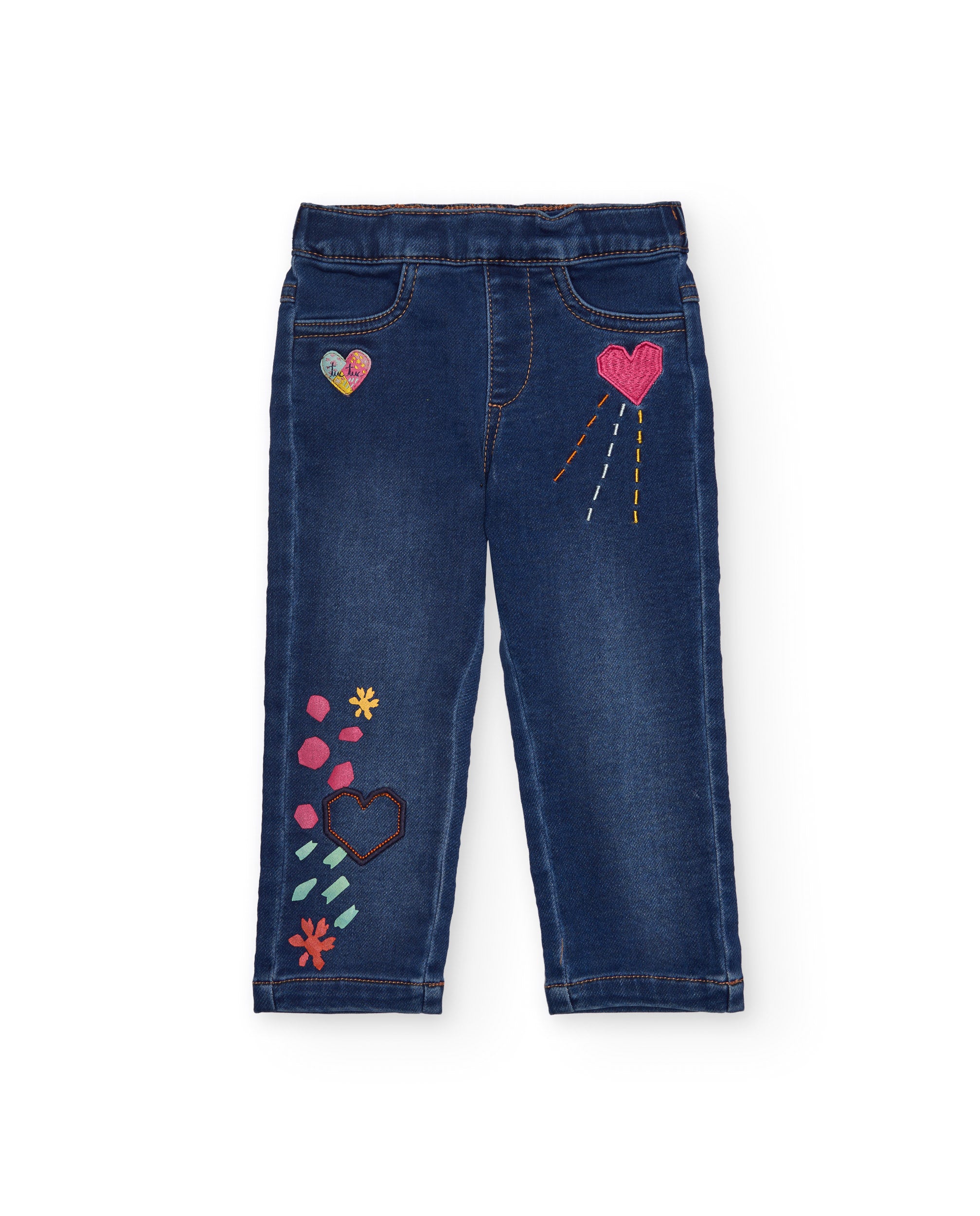 Jeggings de mezclilla para niña con bordados de corazones y