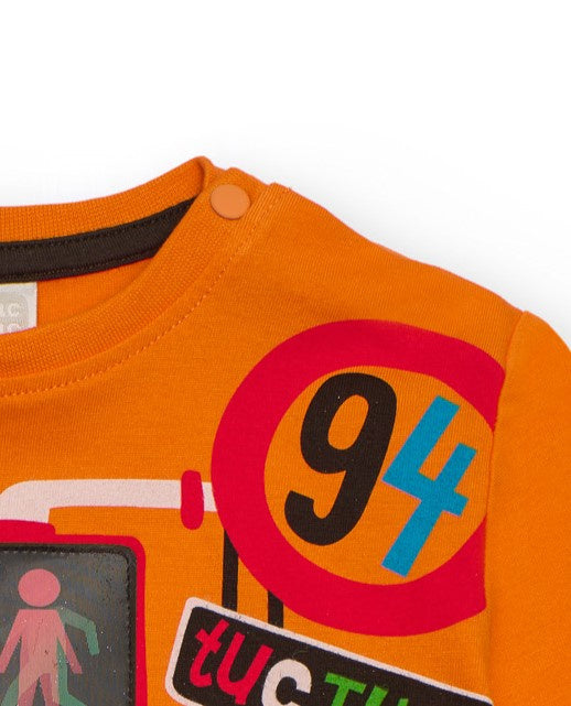 Camiseta de manga larga para niño en naranja con estampado de