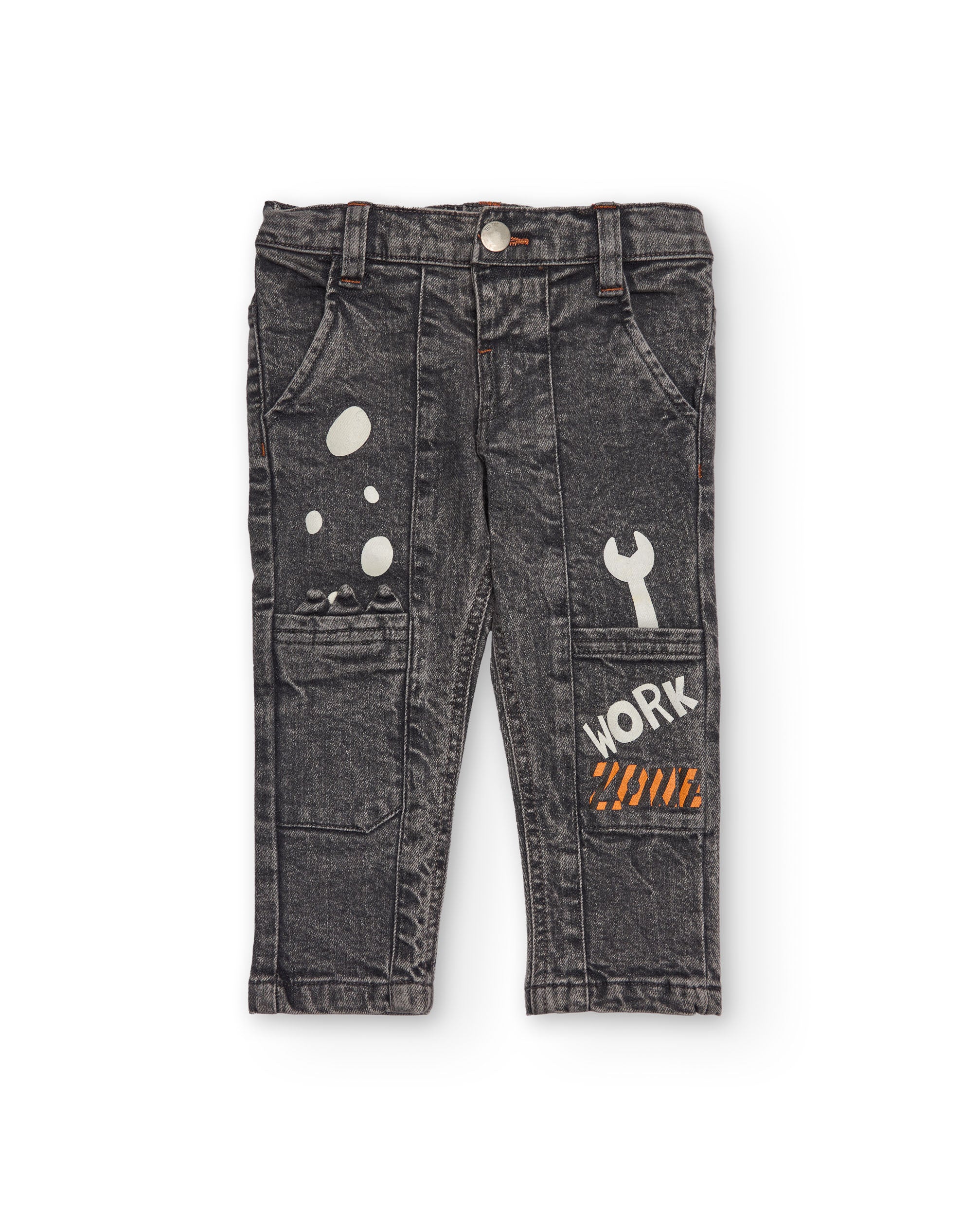 Pantalón para niño en gris lavado con estampados de herramientas