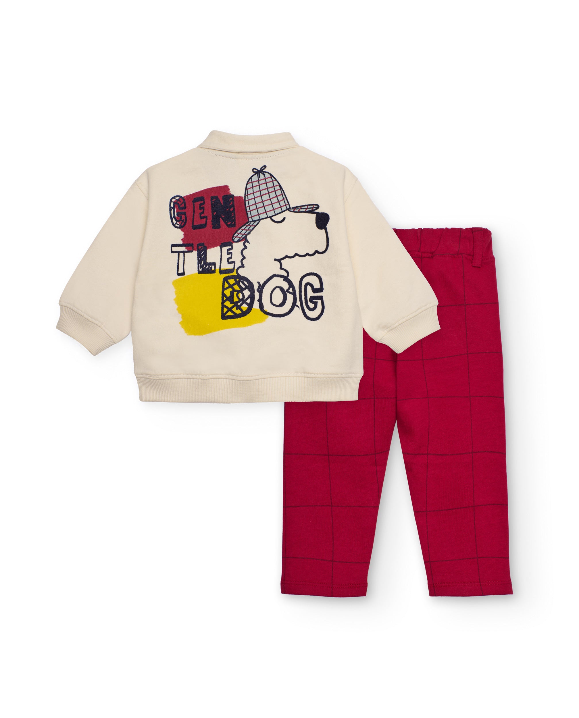 Conjunto para niño en crudo y burdeos con estampado de perro