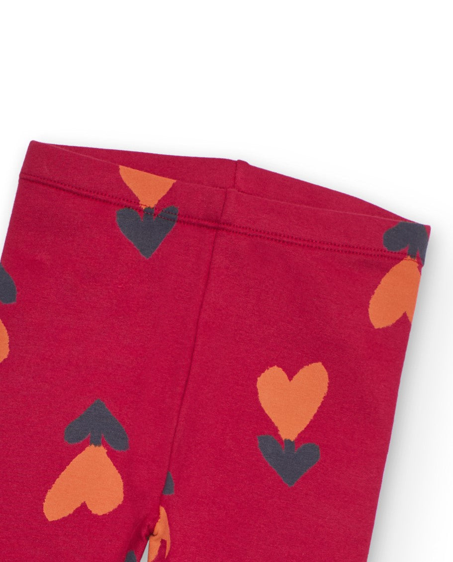 Leggings para niña en rojo cereza con estampado de corazones