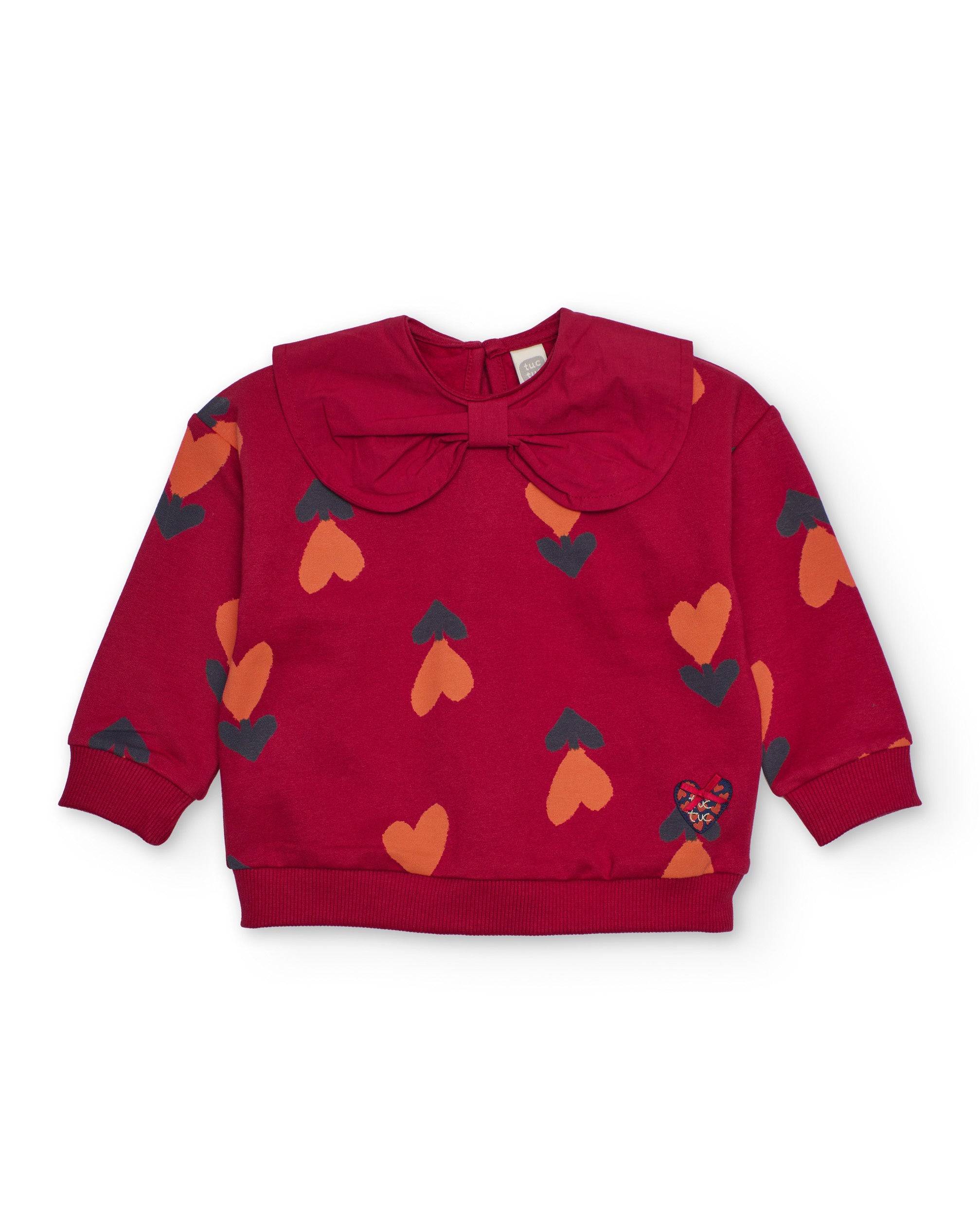 Sudadera para niña en rojo con corazones y cuello lazo